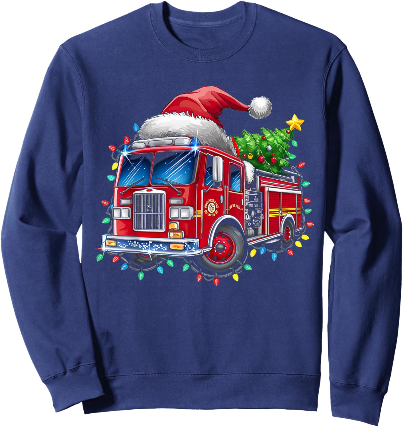 Funny Firetruck Santa Christmas Tree Lights Toddler Kids Sweatshirt - Sweatshirt | Navy