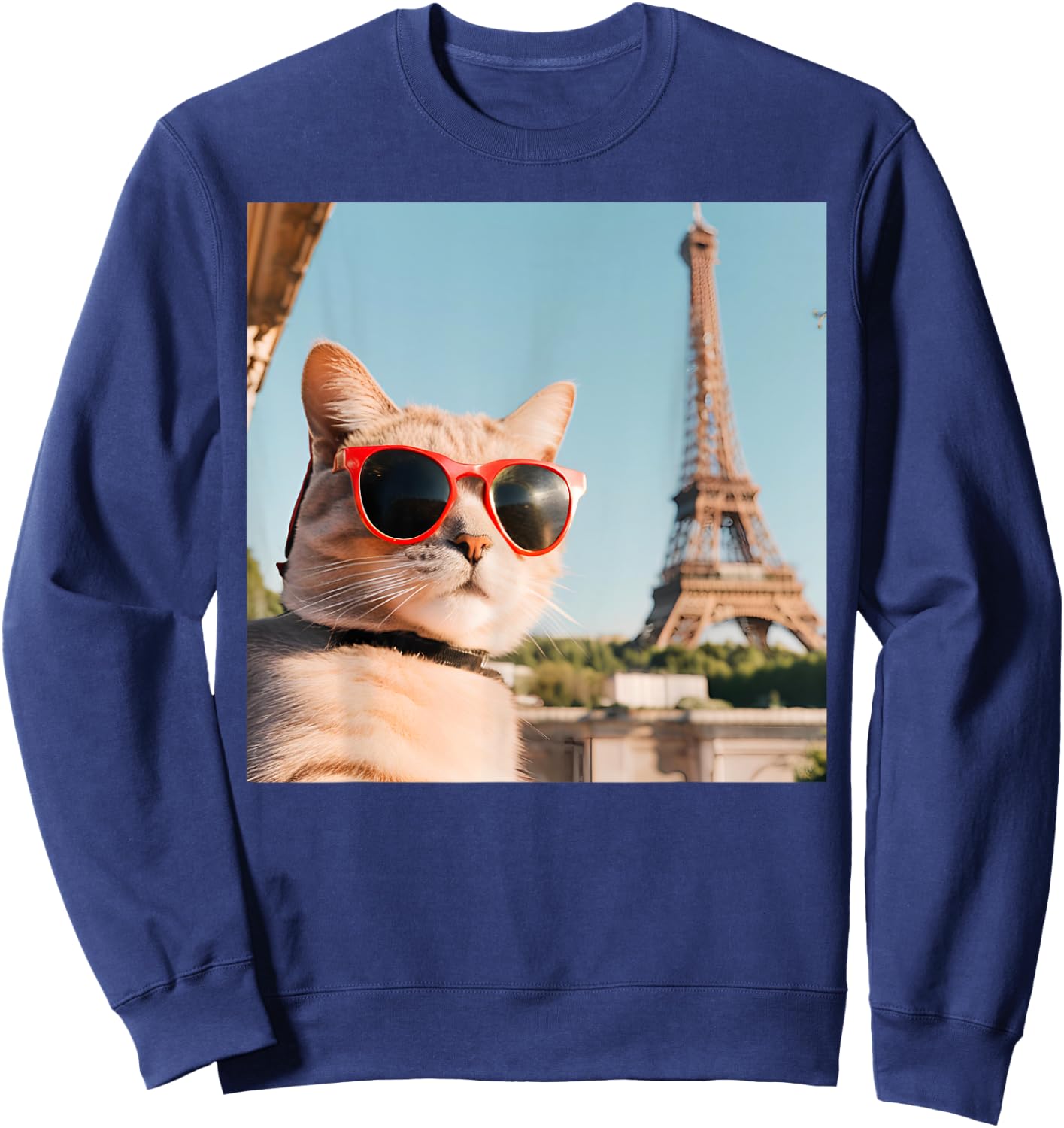 Funny Cat Wearing Sunglasses At The Eiffel Tower in France Women Kids Sweatshirt - Sweatshirt | Navy