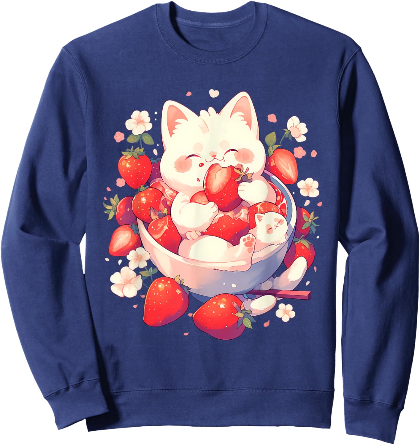 Strawberry Cat Animal Art Strawberries Floral Drawing Sweatshirt - Sweatshirt | Navy
