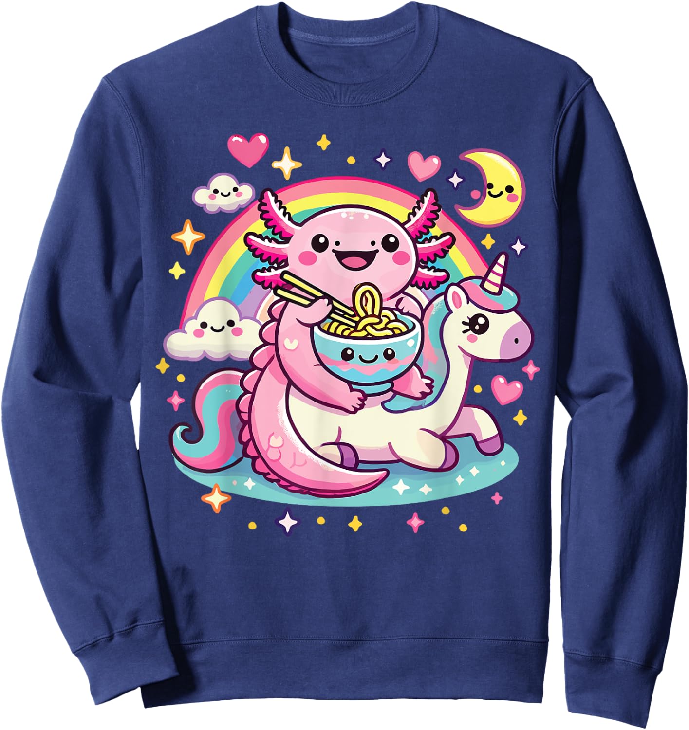 Anime Kawaii Axolotl Eating Ramen Noodles Rainbow Kids Girl Sweatshirt - Sweatshirt | Navy