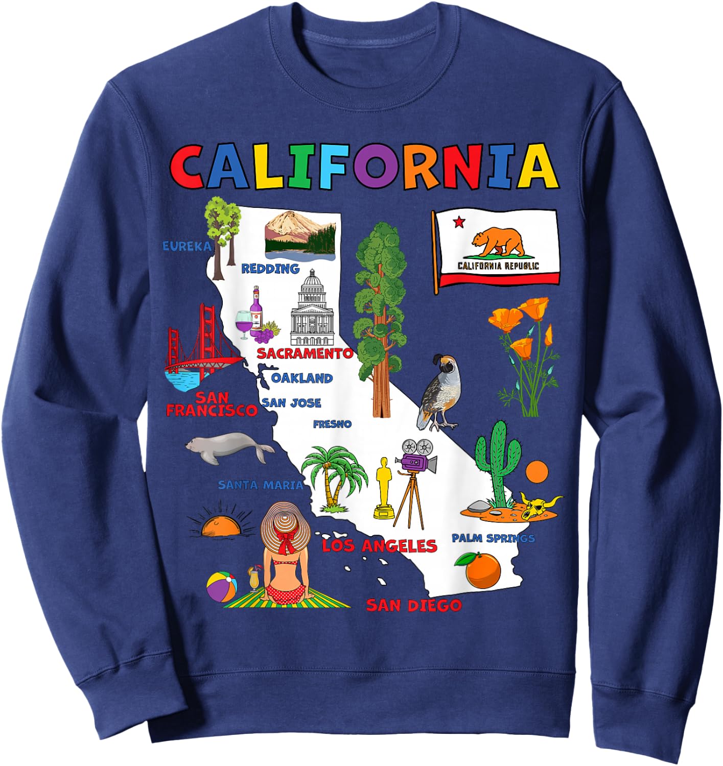Map of California with Flag, Landmarks and Major Cities Sweatshirt - Sweatshirt | Navy