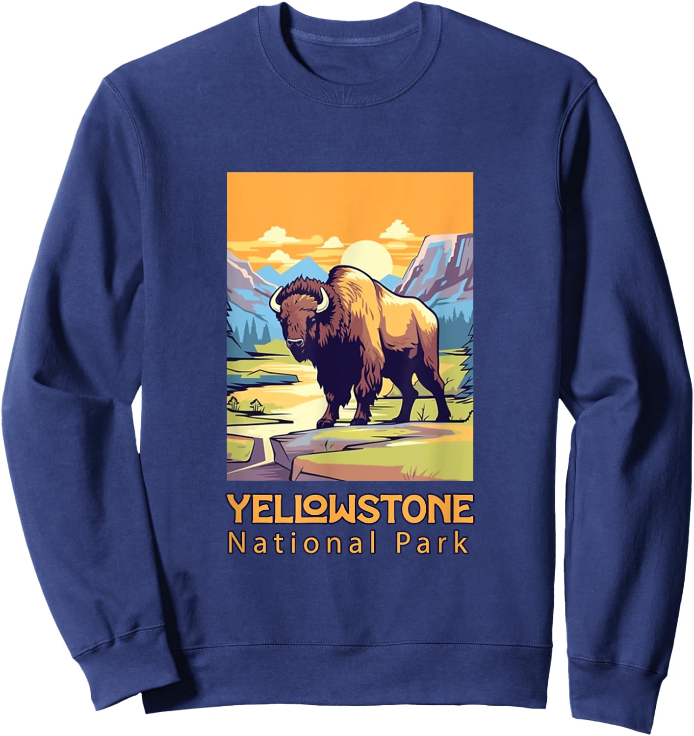 Yellowstone National Park Bison Large Cartoon Graphic Sweatshirt - Sweatshirt | Navy