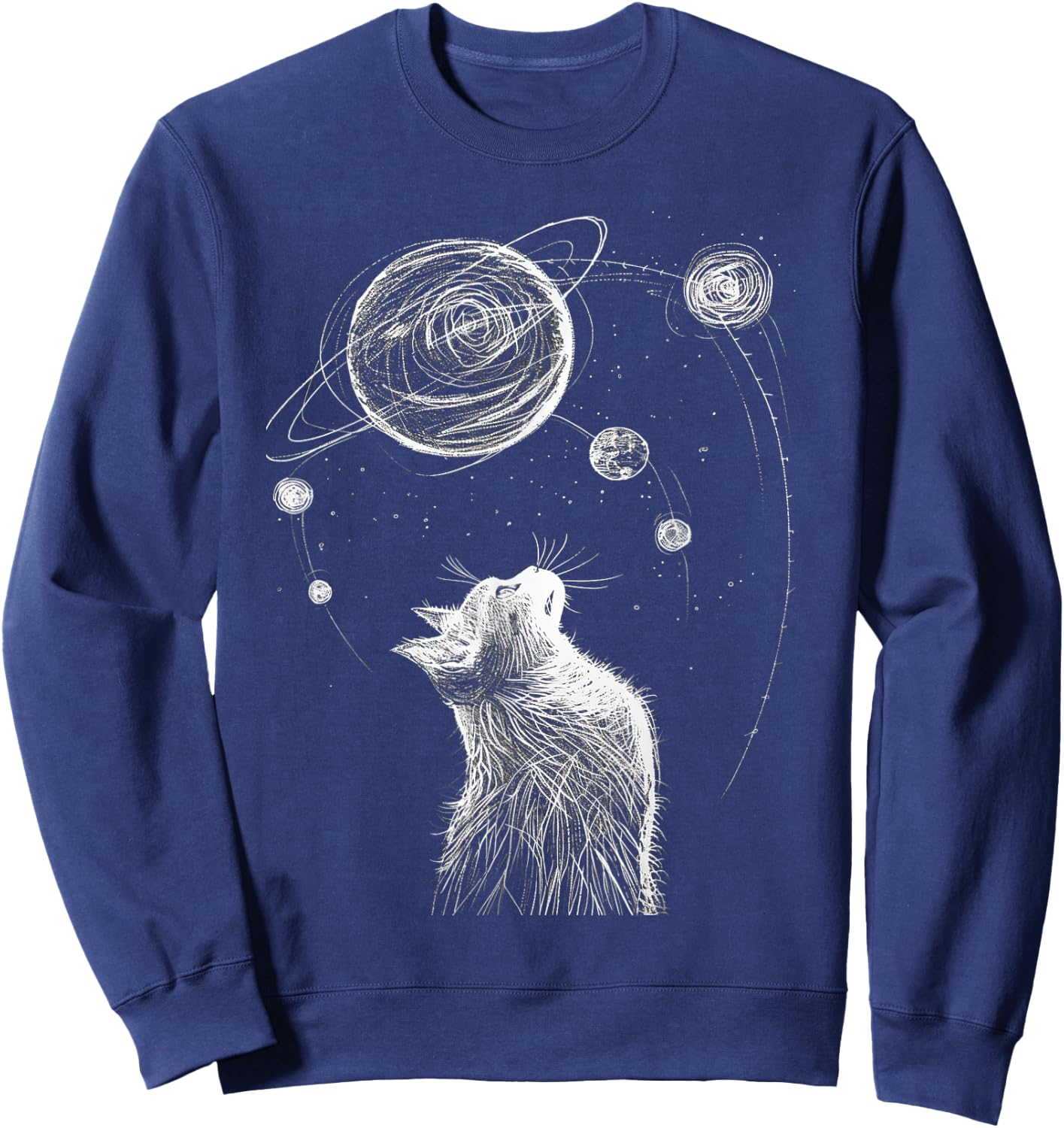 Cat Staring at Solar System Men Women Kids Sweatshirt - Sweatshirt | Navy