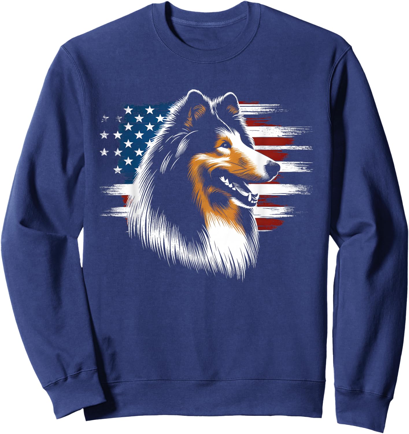 Rough Collie American Flag - Patriotic Collie Dog Lover Sweatshirt - Sweatshirt | Navy