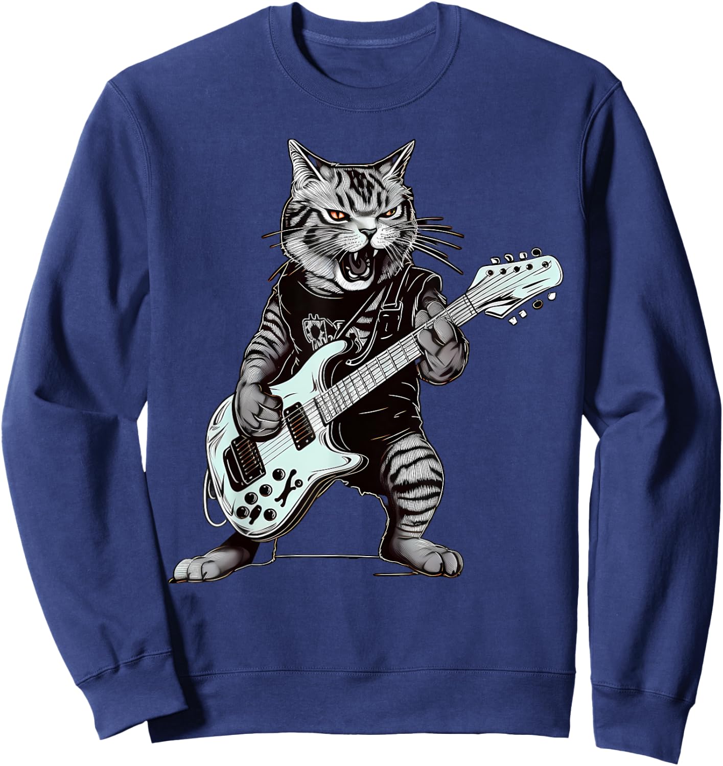 Cat Guitar T Shirt Cat Playing Guitar Heavy Metal Cat Sweatshirt - Sweatshirt | Navy