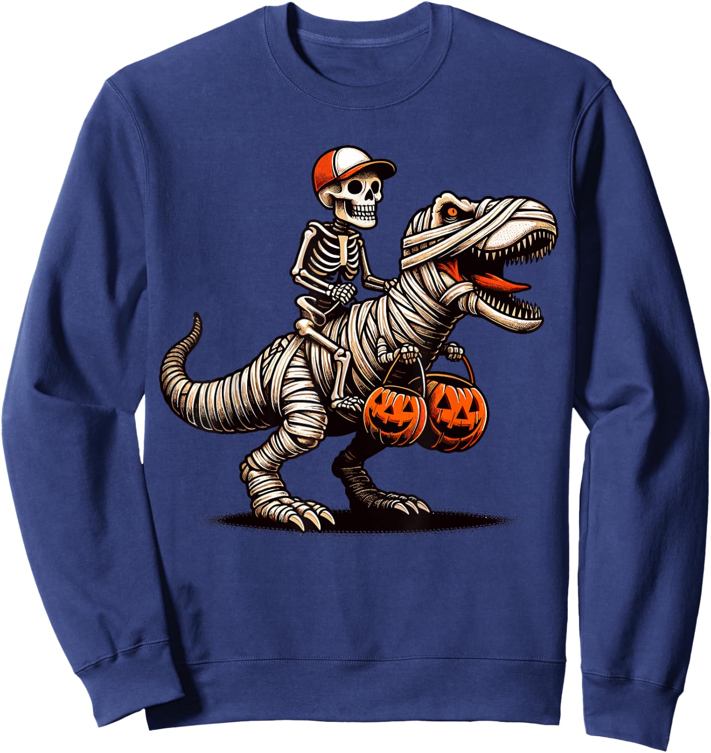 Skeleton Riding Mummy Dinosaur Pumpkin Halloween Sweatshirt - Sweatshirt | Navy