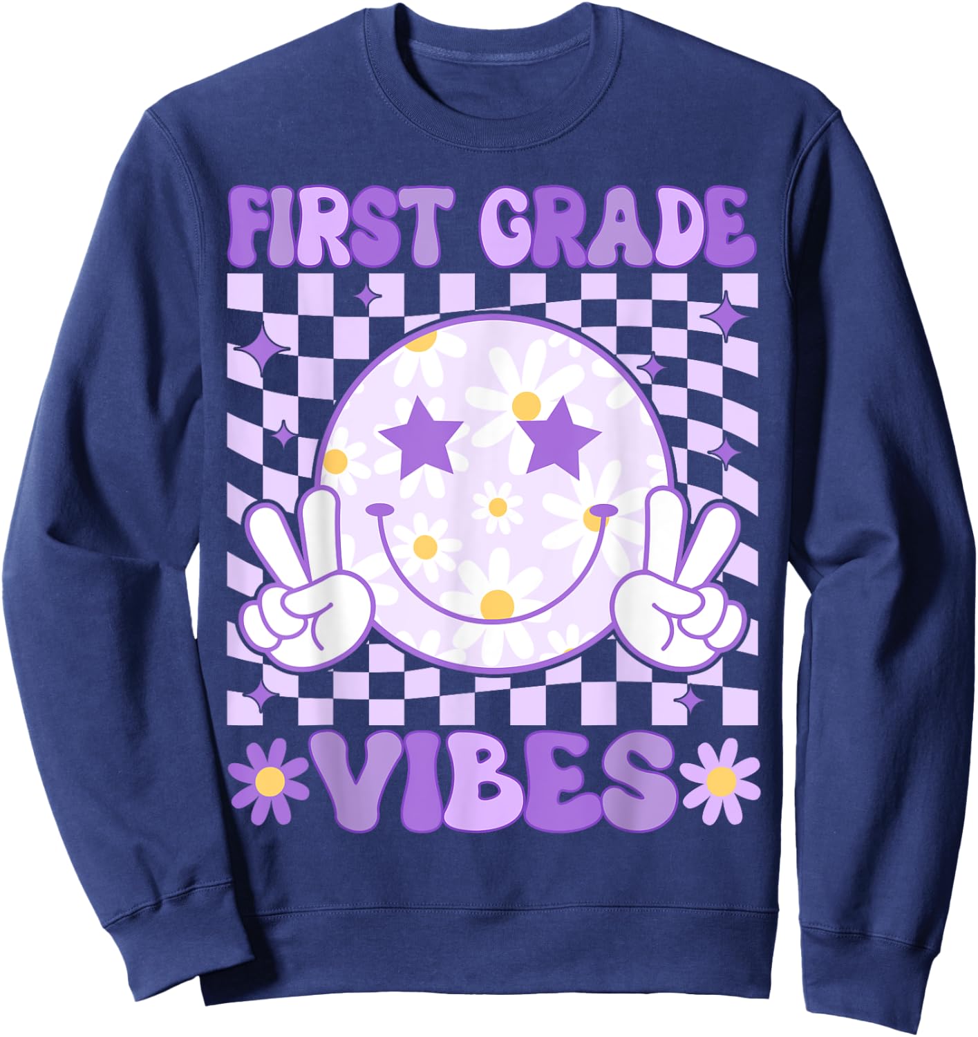 Groovy First Grade Vibes Back to School 1st Grade Teacher Sweatshirt - Sweatshirt | Navy
