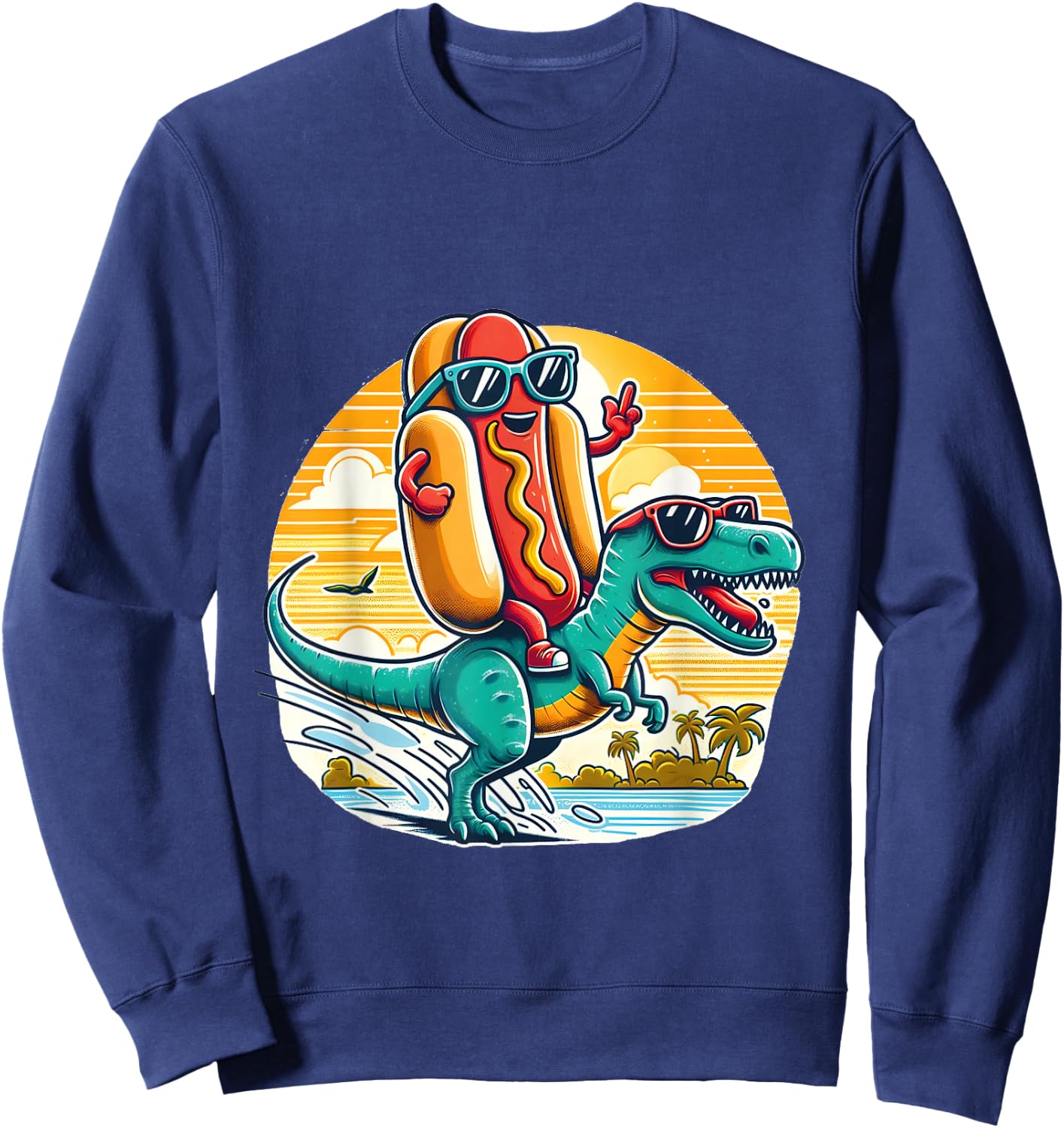Funny T-Rex Dinosaur and Hot Dog summer vibes Sweatshirt - Sweatshirt | Navy