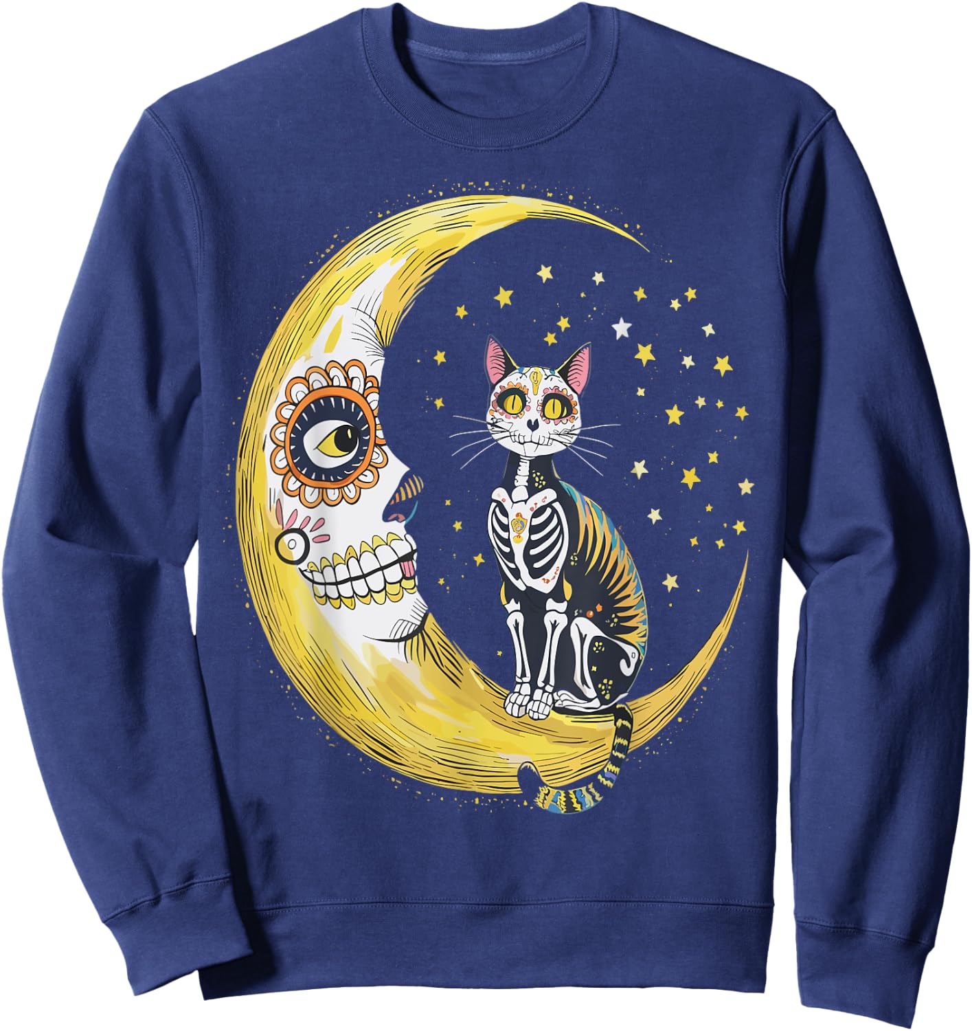 Cat And Moon Sugar Skull Dia De Los Muertos Day Of The Dead Men Women Kids Sweatshirt - Sweatshirt | Navy