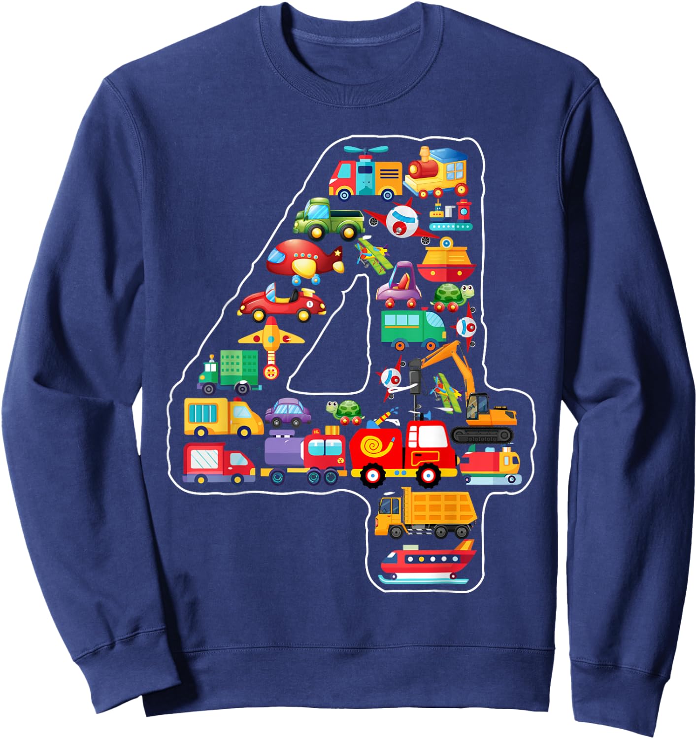 Kids 4th Birthday For Boys Cars Vehicles Fire Truck Airplane Sweatshirt - Sweatshirt | Navy