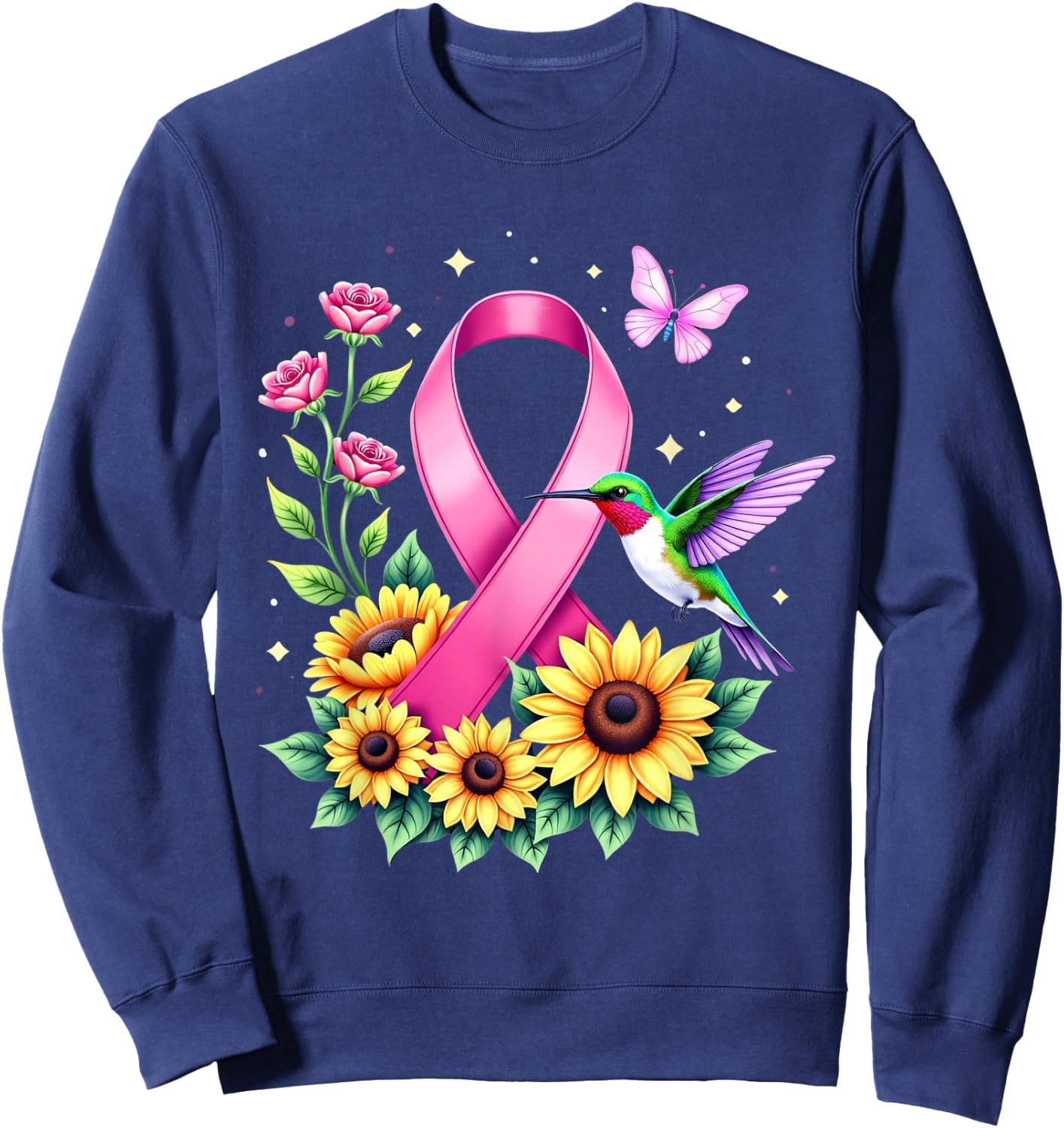 Hummingbird Sunflower Pink Ribbon Breast Cancer Awareness Sweatshirt - Sweatshirt | Navy