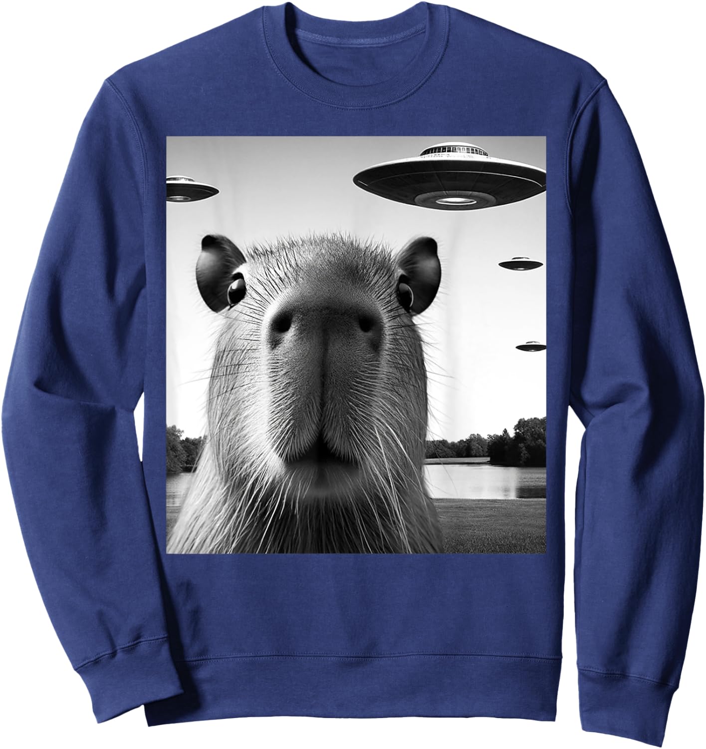 Funny Capybara Selfie with UFOs Weird Graphic Sweatshirt - Sweatshirt | Navy