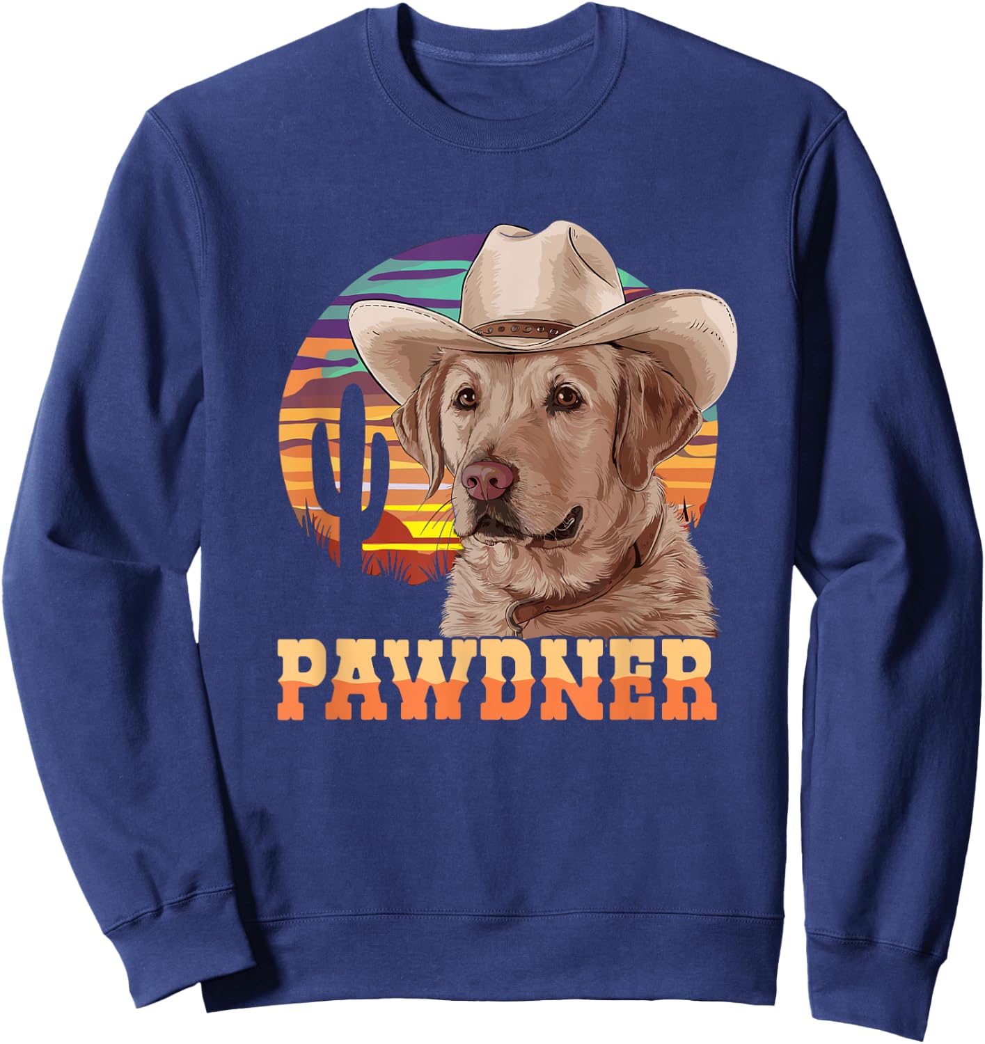 Pawdner Cowboy Lab Desert Sunset Labrador with Hat Dog Dad Sweatshirt - Sweatshirt | Navy