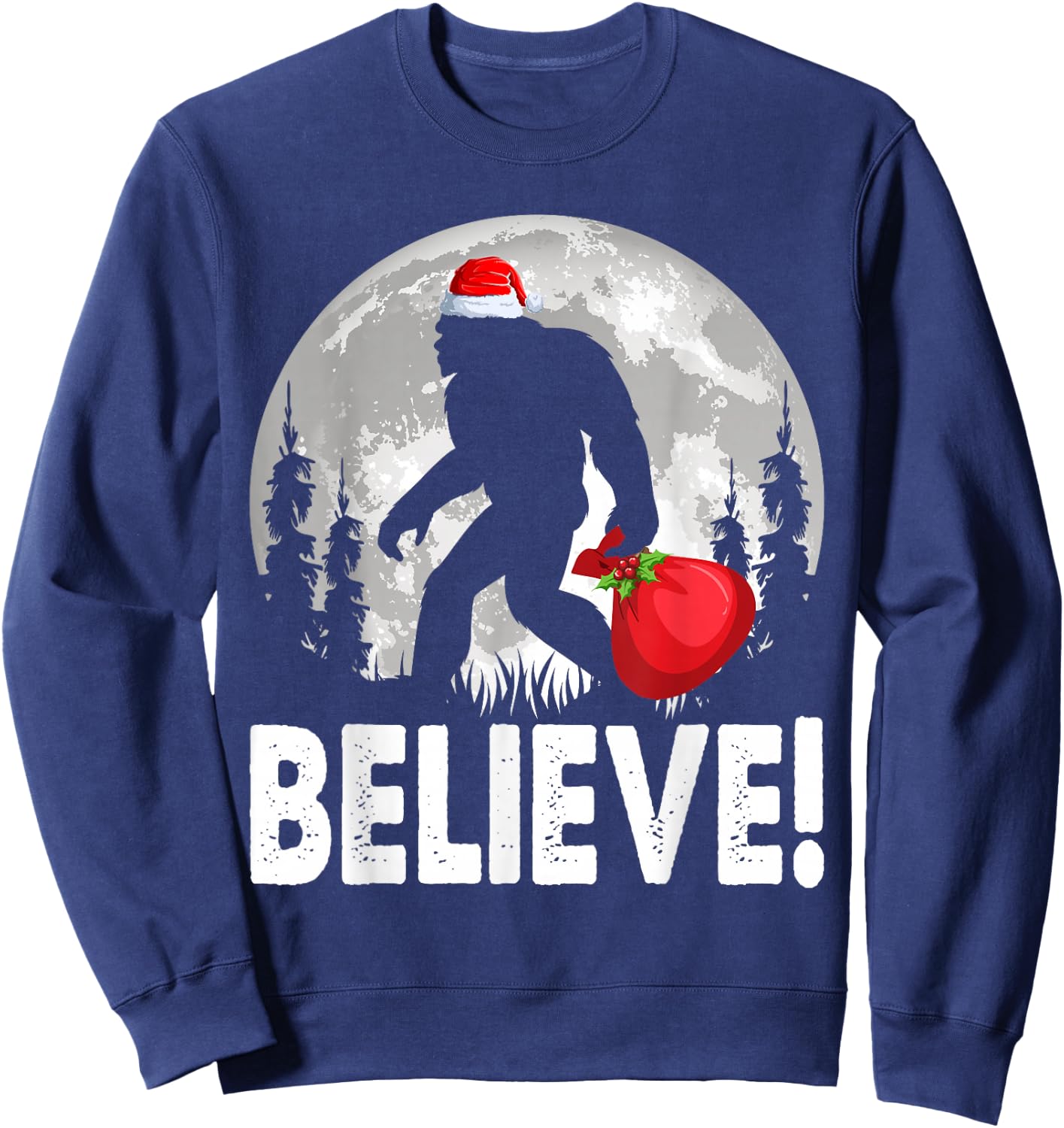 Believe! Santa Bigfoot Christmas Snow & Moon Night Graphic Sweatshirt - Sweatshirt | Navy