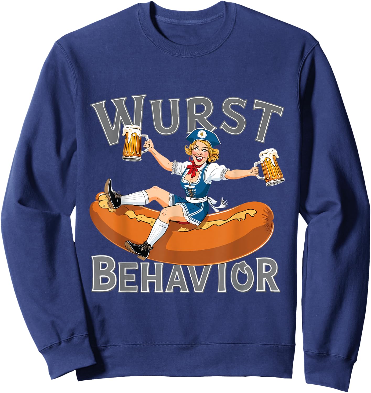 Wurst Behavior: Oktoberfest Bavarian Woman And Bratwurst Sweatshirt - Sweatshirt | Navy