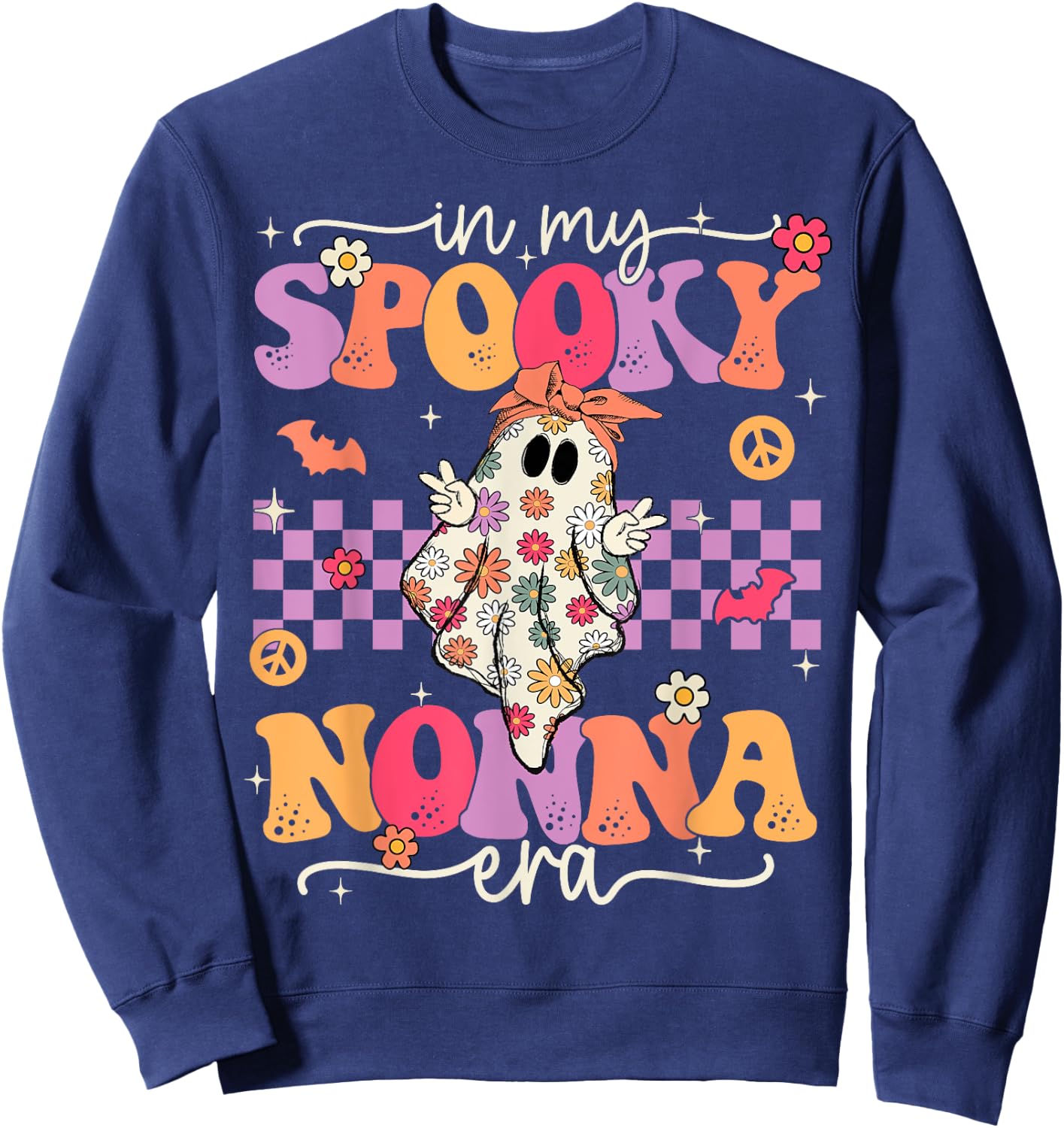 Groovy In My Spooky Nonna Era Hippie Halloween Floral Ghost Sweatshirt - Sweatshirt | Navy