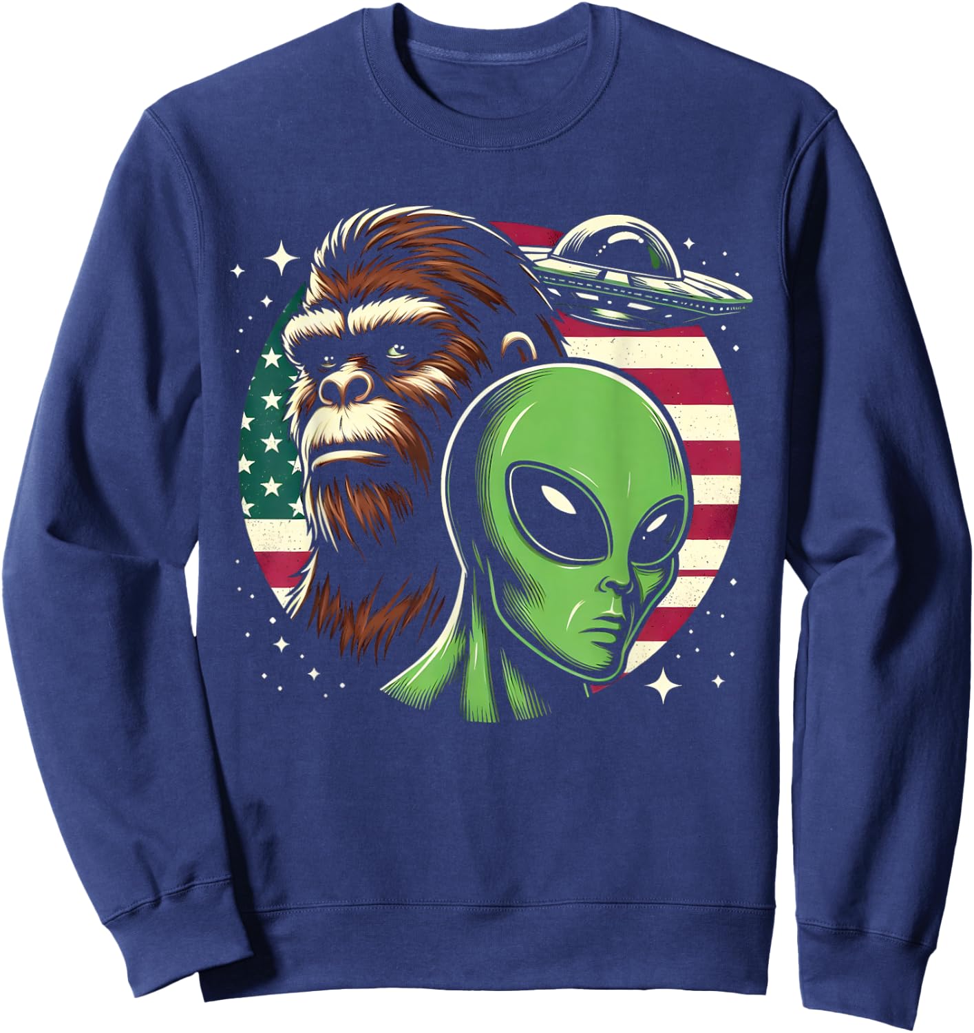 Bigfoot Sasquatch Alien UFO USA American Flag Sweatshirt - Sweatshirt | Navy
