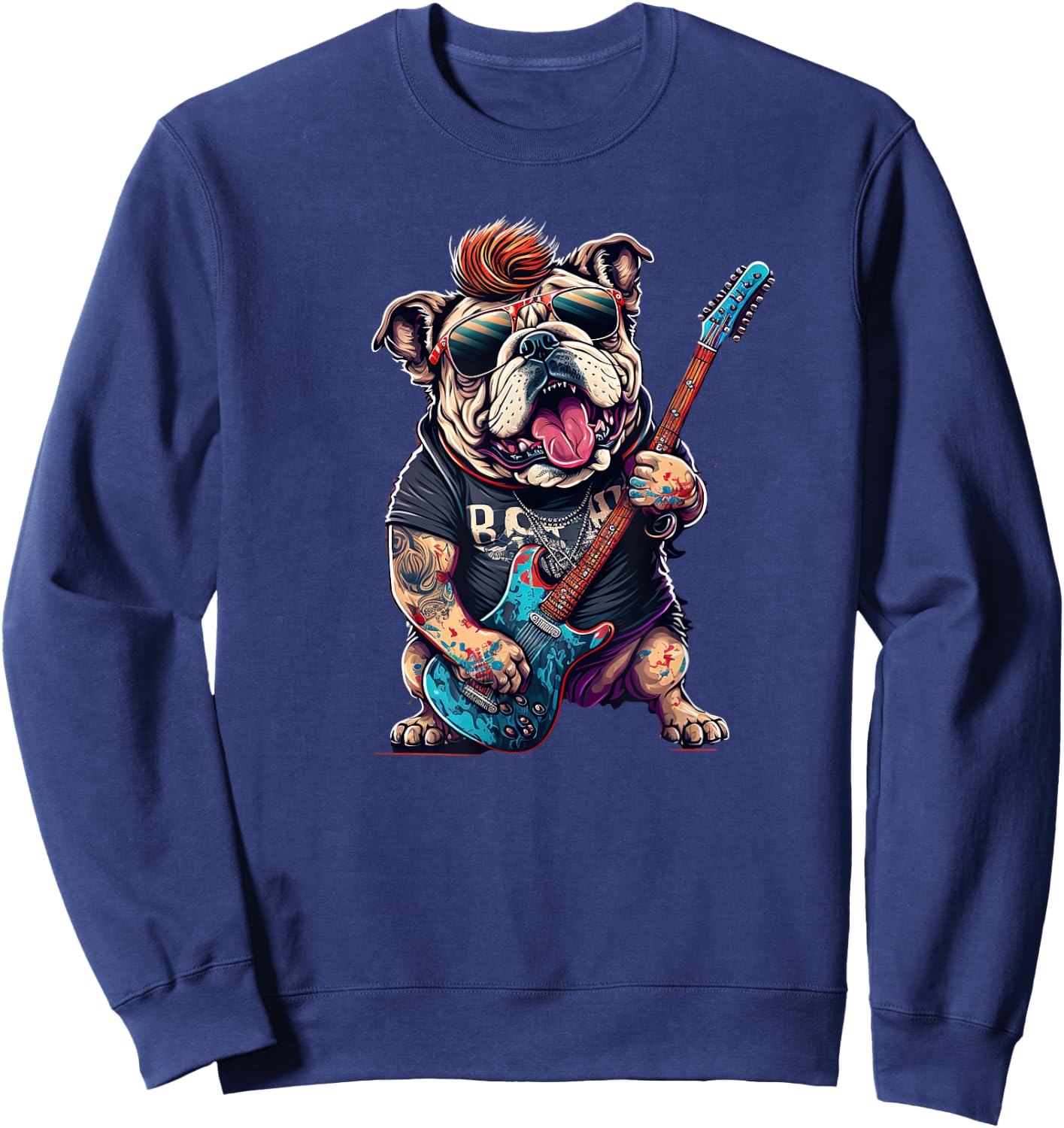 Funny Bulldog Dog Rock and Roll Rocker 80s 90s Women Girls Kids Sweatshirt - Sweatshirt | Navy