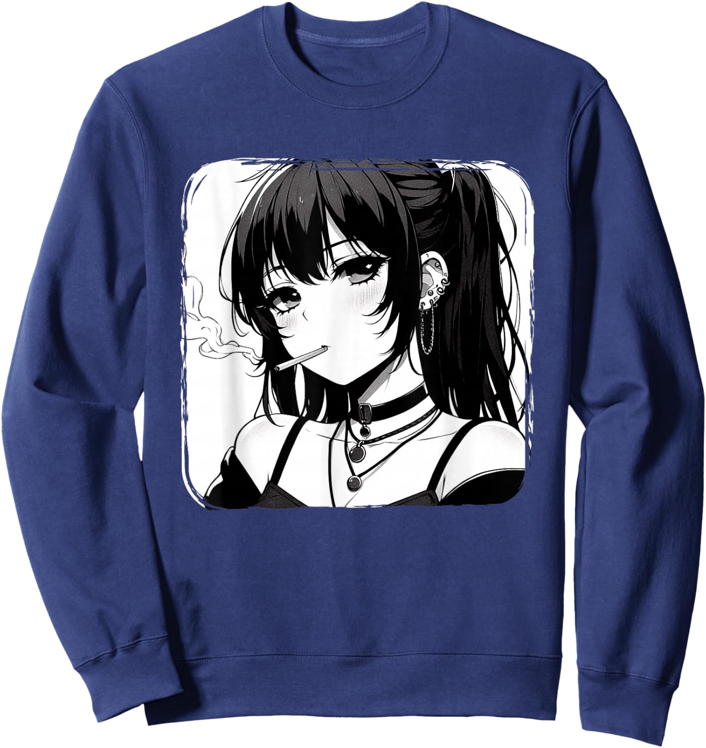 Anime Horror Girl Aesthetic Grunge Waifu Japanese Otaku Sweatshirt - Sweatshirt | Navy