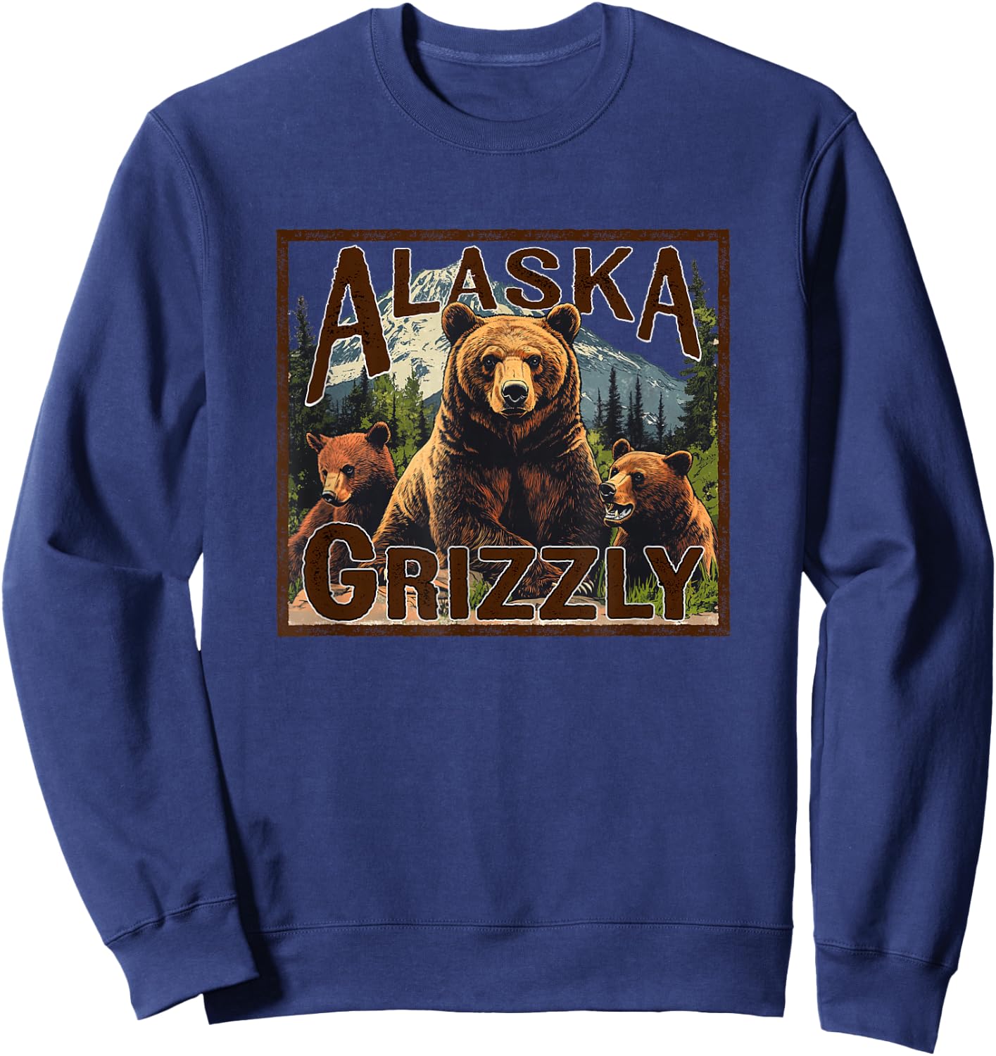 Alaska Grizzly Bear Vintage Mountain Trees Retro Souvenir Sweatshirt - Sweatshirt | Navy