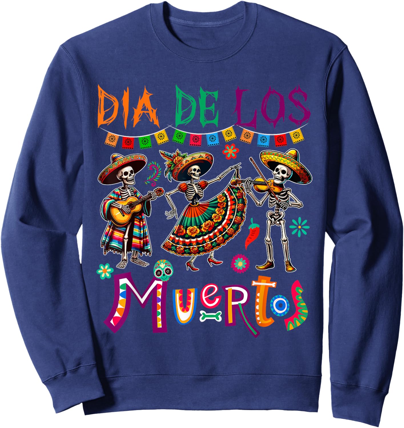 Dia De Los Muertos Three Floral Skeletons Mexican Dancing Sweatshirt - Sweatshirt | Navy