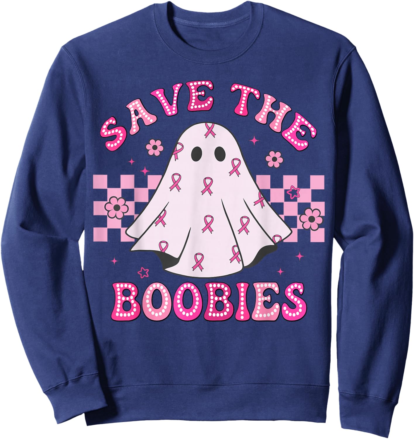 Save The Boobies Retro Groovy Breast Cancer Awareness Sweatshirt - Sweatshirt | Navy