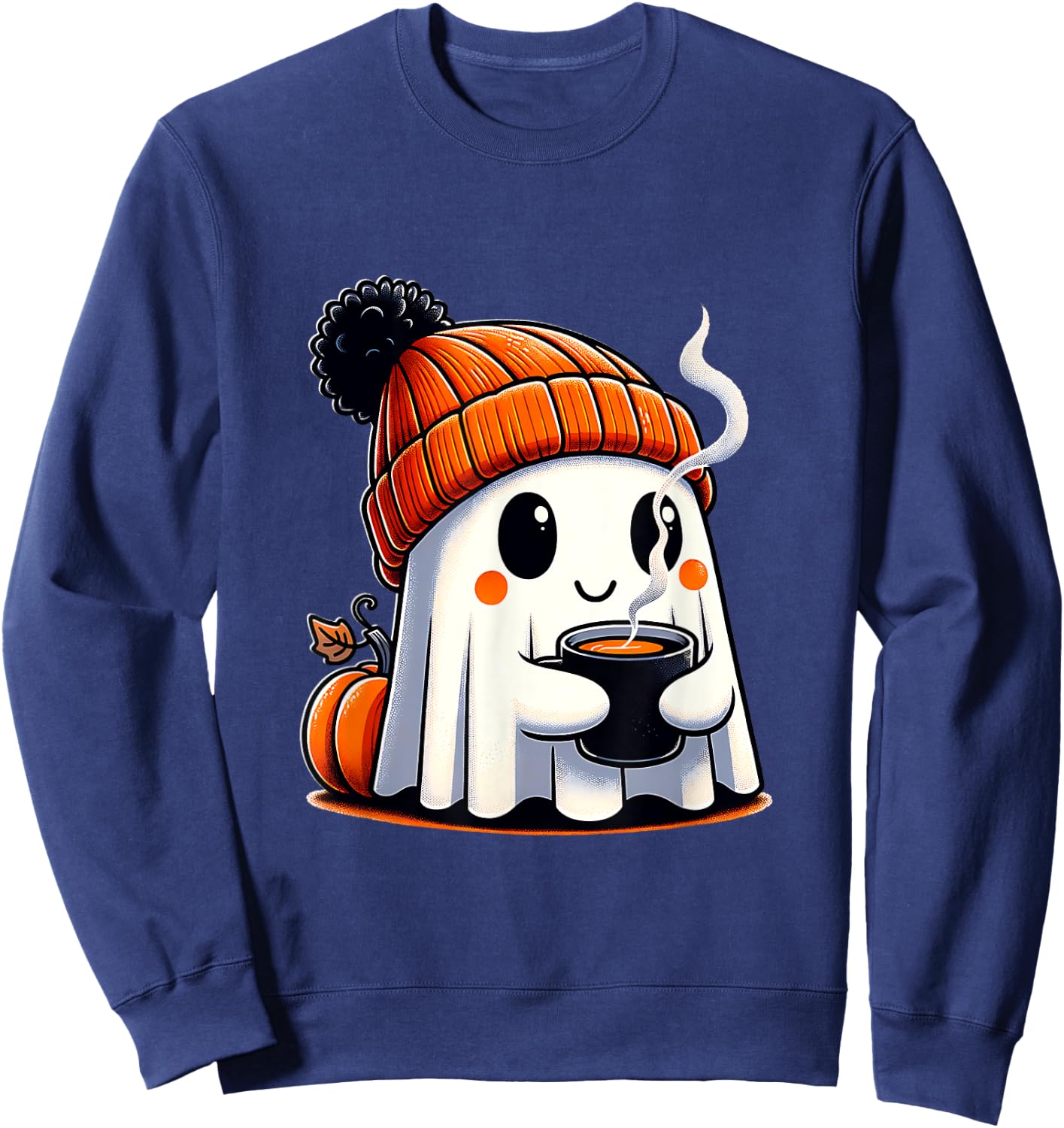 Halloween Cute Kawaii Ghost Drinking Coffee Women Men Kids Sweatshirt - Sweatshirt | Navy