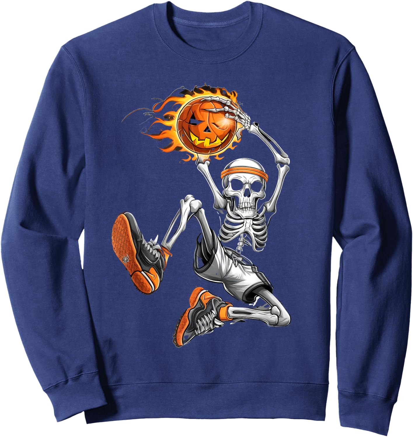 Vintage Skeleton Basketball Player with pumpking basketball Sweatshirt - Sweatshirt | Navy