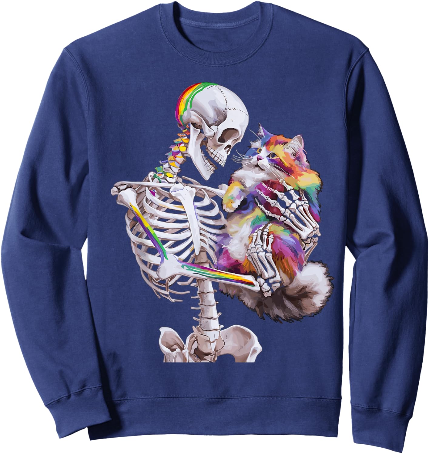 Colorful Paint Splash Cat And Skeleton Art Graphic Sweatshirt - Sweatshirt | Navy