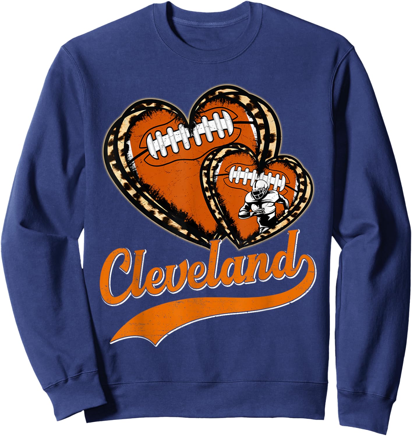 Vintage Leopard Heart Cleveland Football Player Sport Fans Sweatshirt - Sweatshirt | Navy
