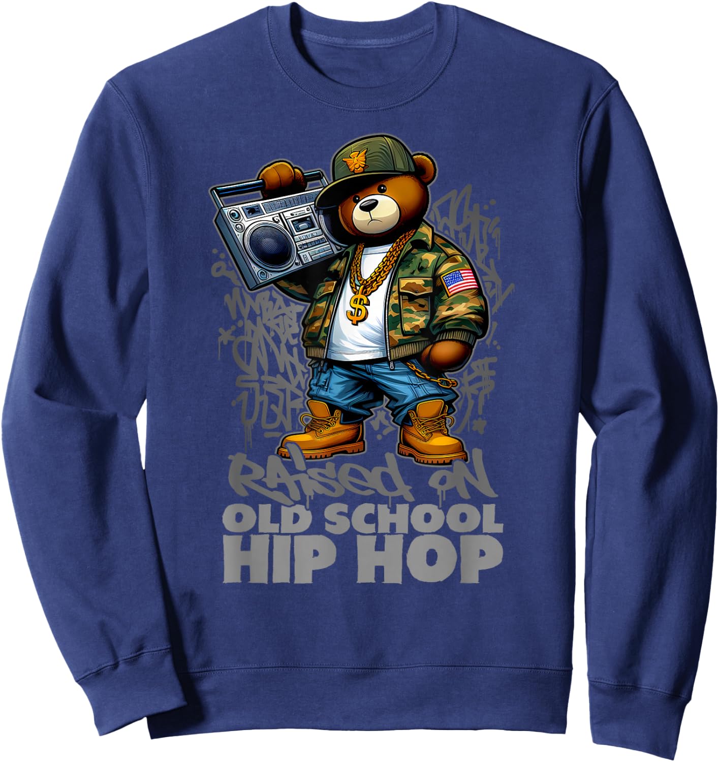 RAISED ON OLD SCHOOL HIP HOP Teddy Bear 80s 90s Hip Hop Sweatshirt - Sweatshirt | Navy