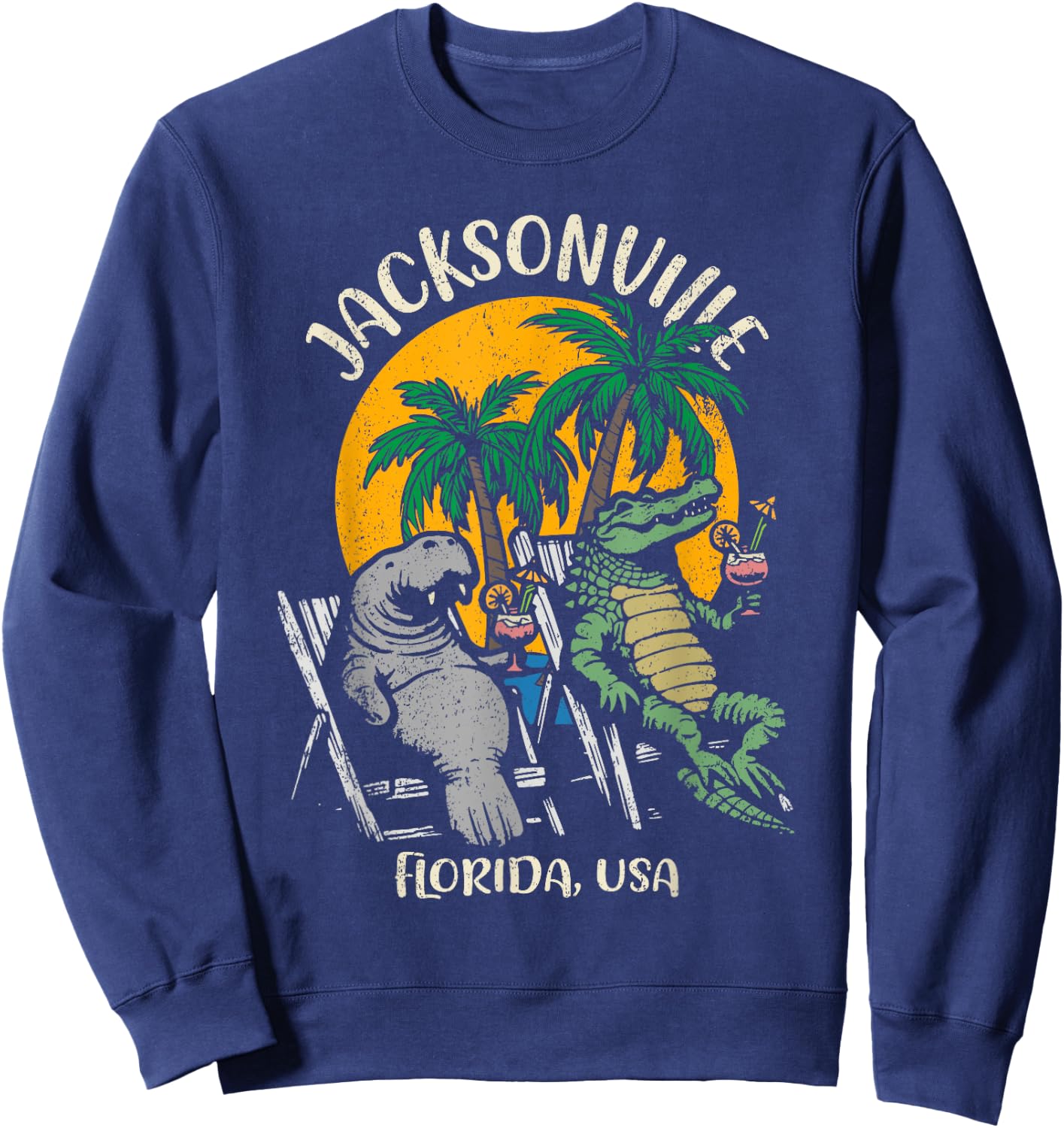 Jacksonville Florida USA Funny Manatee and Alligator Design Sweatshirt - Sweatshirt | Navy