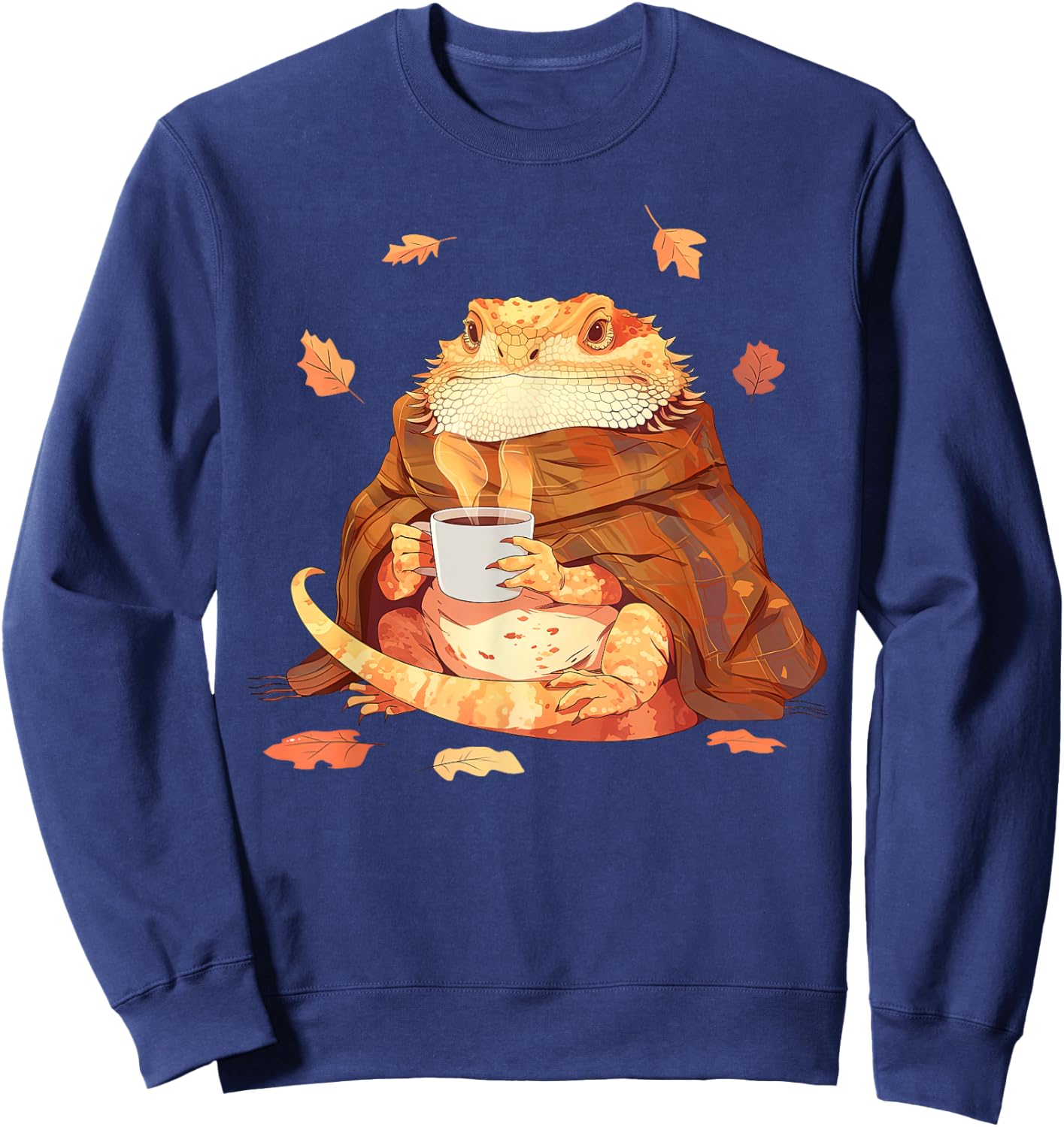 Cute Bearded Dragon In Blanket Drink Coffee Pumpkin Fall Sweatshirt - Sweatshirt | Navy