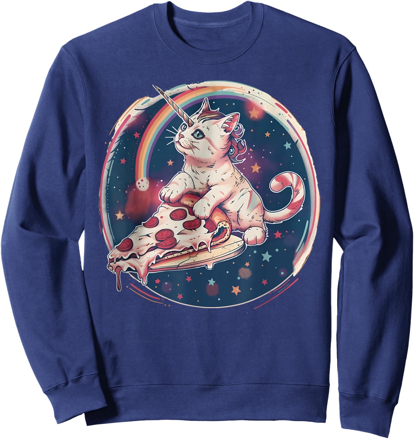 Funny Uni-Cat Flying A Pizza Unicorn Kitten Space Cats Lover Men Women Kids Sweatshirt - Sweatshirt | Navy