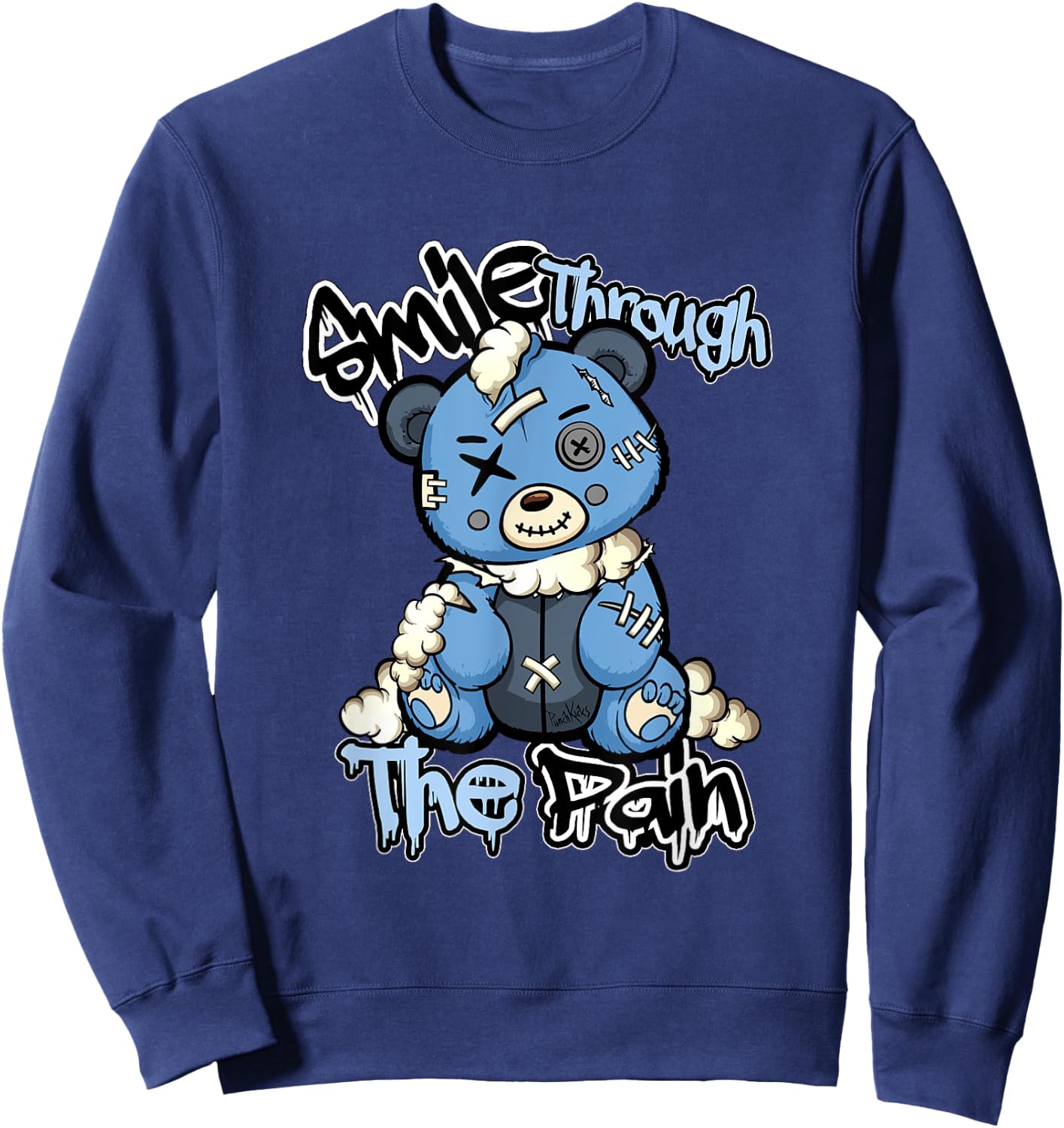 Blue Sad Teddy Bear , Lofi Streetwear Aesthetic Bear Sweatshirt - Sweatshirt | Navy