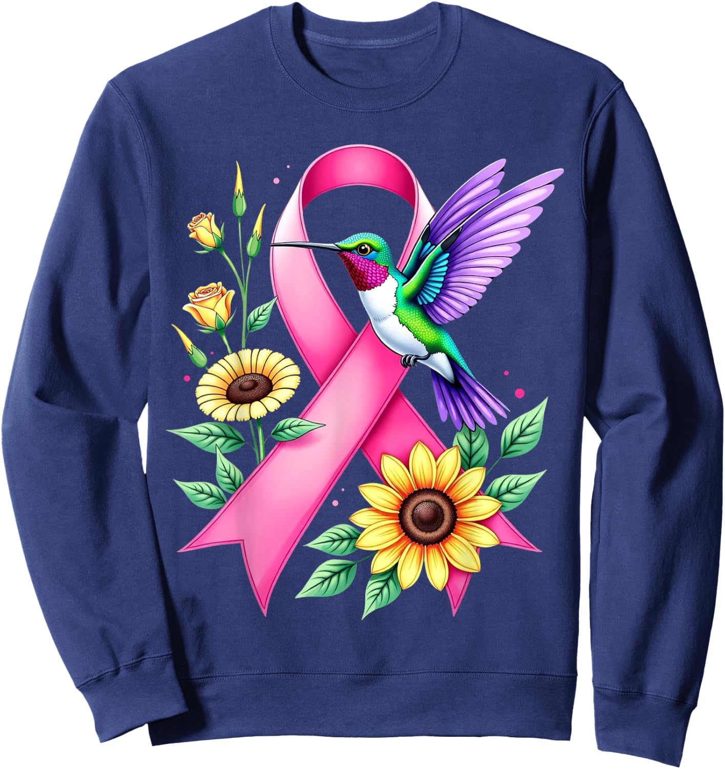 Hummingbird Sunflower Pink Ribbon Breast Cancer Awareness Sweatshirt - Sweatshirt | Navy