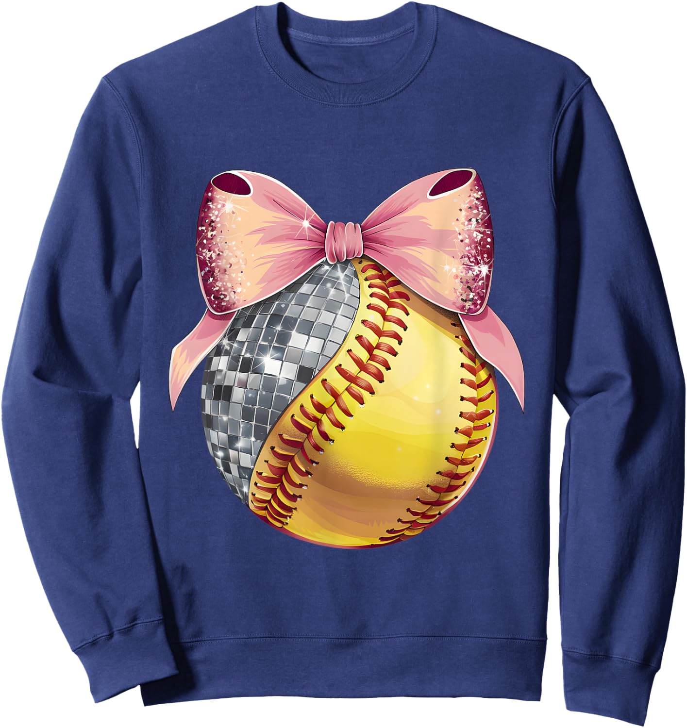 Cute Coquette Bow Disco Ball Softball Player Game Day Mom Sweatshirt - Sweatshirt | Navy