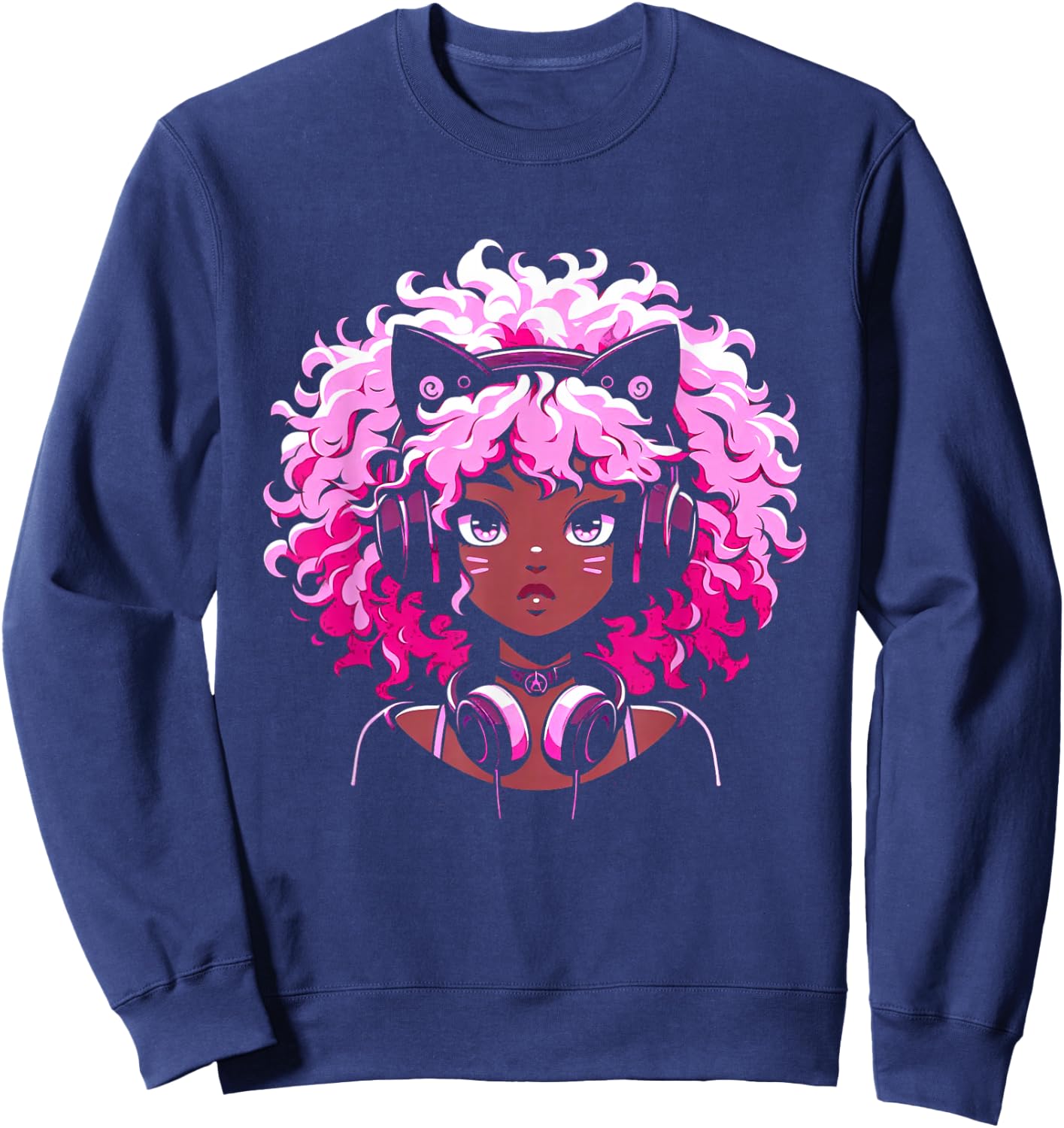 Anime and Music Black Girl Anime Merch Afro African American Sweatshirt - Sweatshirt | Navy
