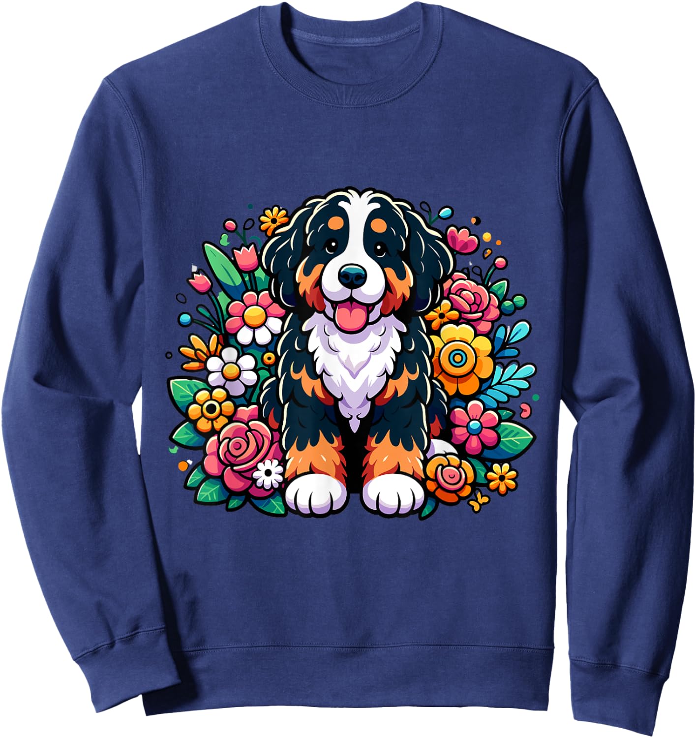 Cute Cartoon Style Bernedoodle Colorful Flower Floral Sweatshirt - Sweatshirt | Navy