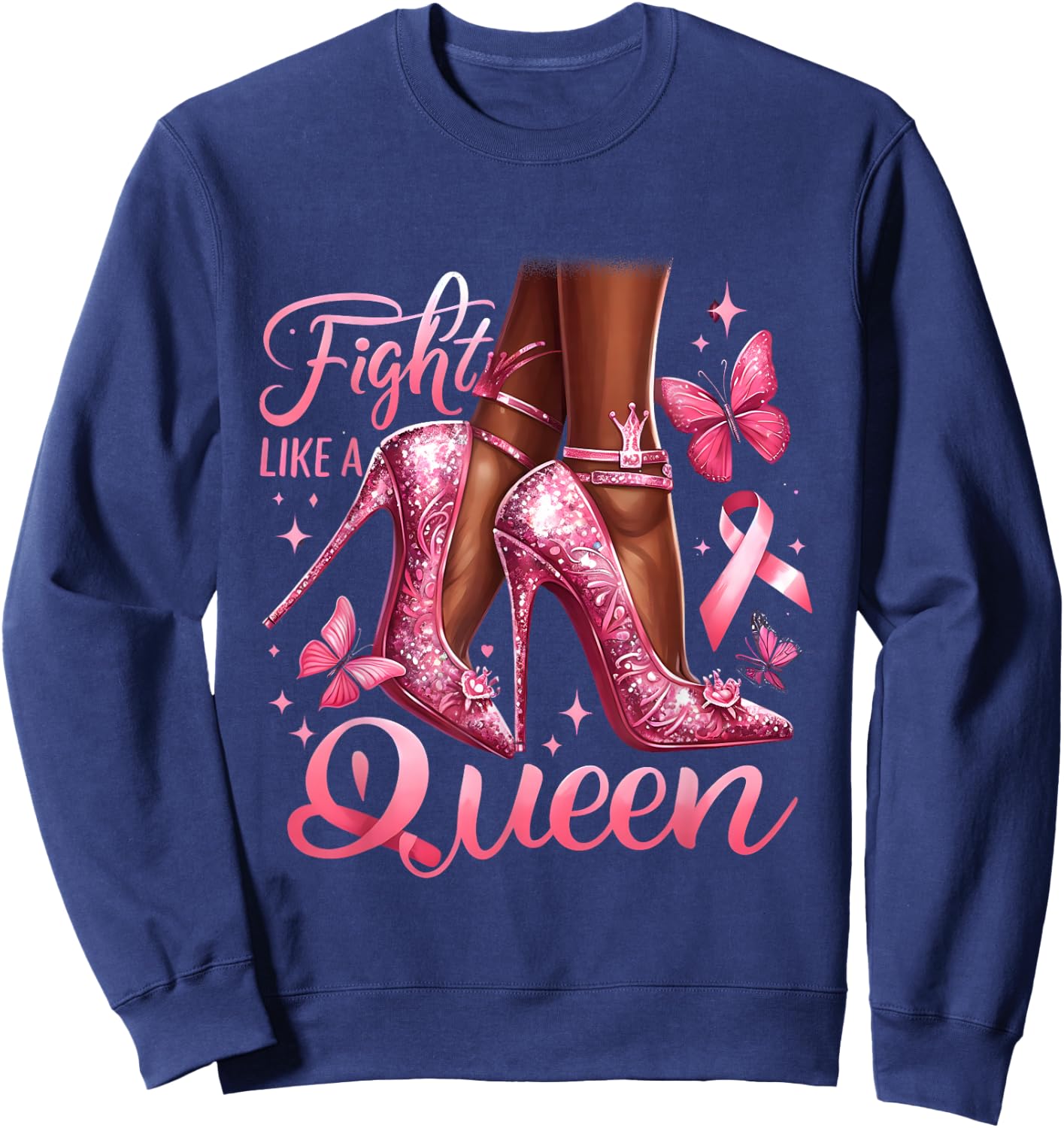Fight Like A Queen Breast Cancer Awareness Black Woman Queen Sweatshirt - Sweatshirt | Navy