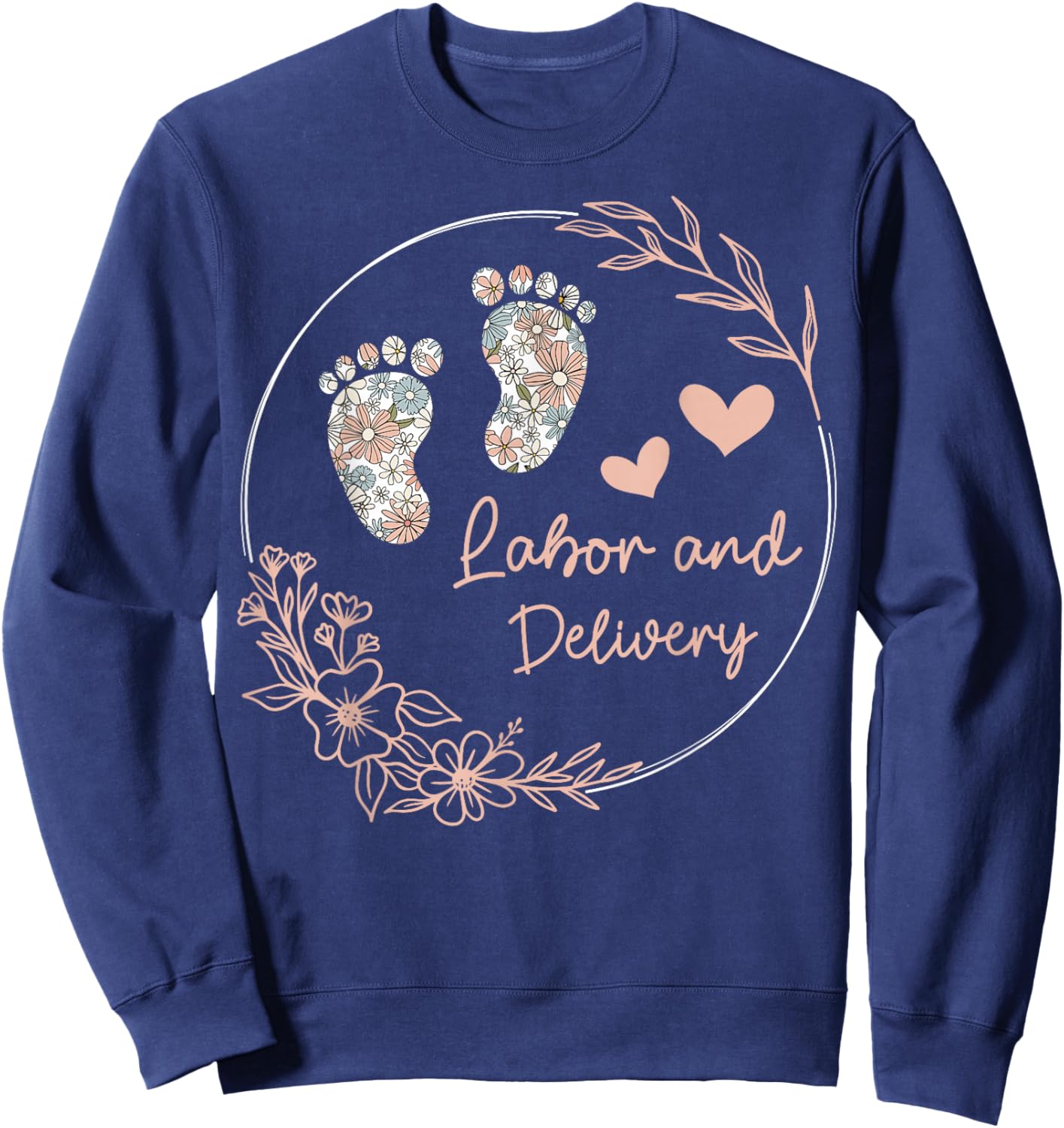 Funny Labor and Delivery Nurse Co - Women's Retro Floral Nursing Shirt - Black, Small - Short Sleeve Sweatshirt - Sweatshirt | Navy