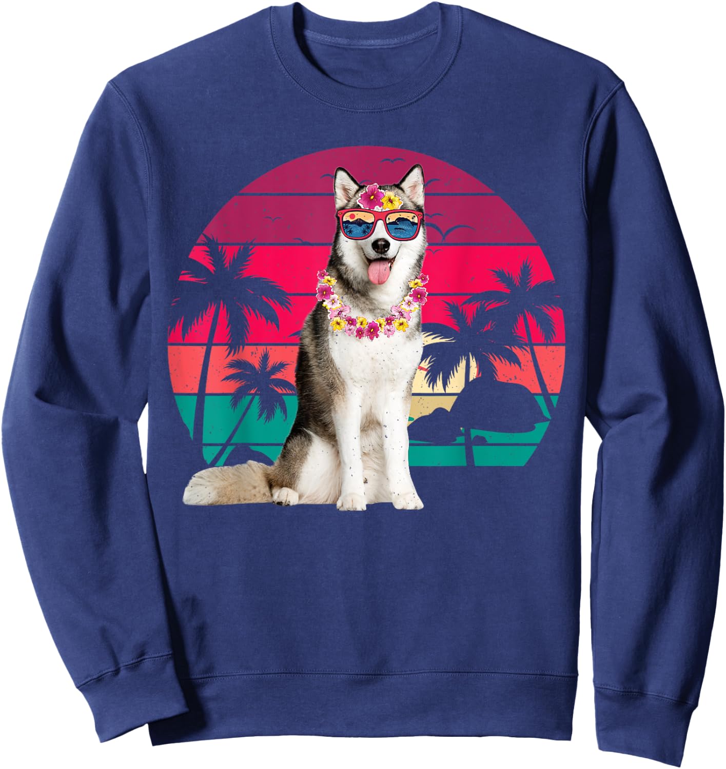 Retro Hawaiian Husky Dog Tropical Palm Trees Summer Vibes Women Kids Sweatshirt - Sweatshirt | Navy