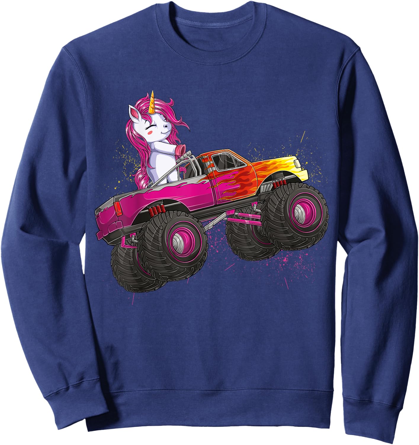Cute Unicorn Riding Monster Truck Lovers Girls Kids Women Sweatshirt - Sweatshirt | Navy