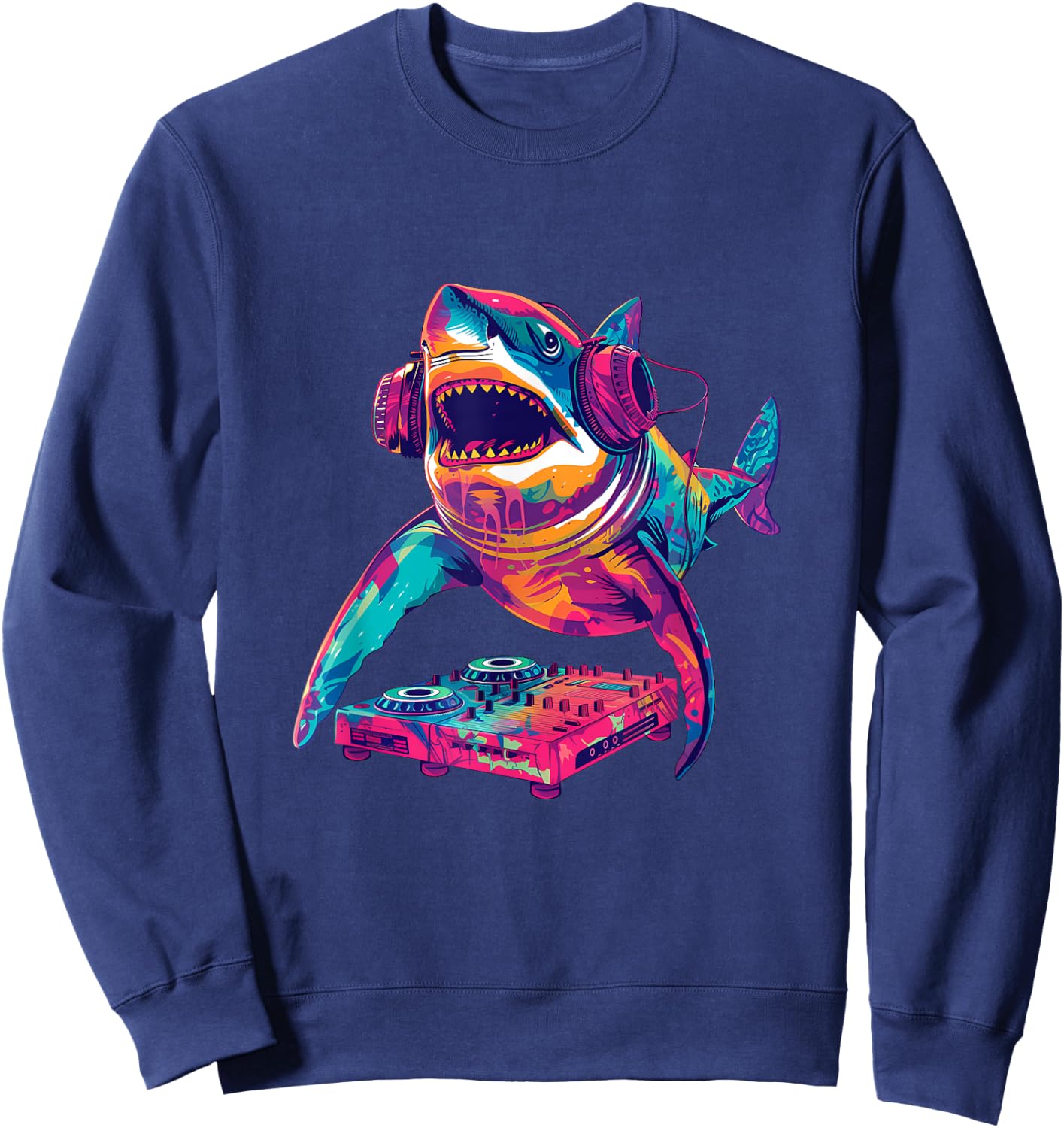 Party Shark Disco DJ with headphones turntable artwork Sweatshirt - Sweatshirt | Navy