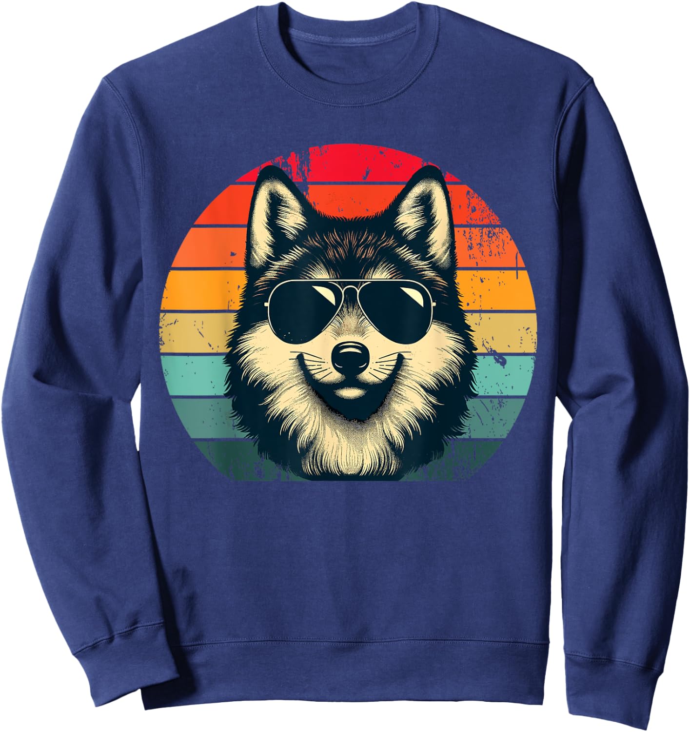 Cool Retro Wolf in Sunglasses 70s 80s 90s Novelty Funny Wolf Sweatshirt - Sweatshirt | Navy