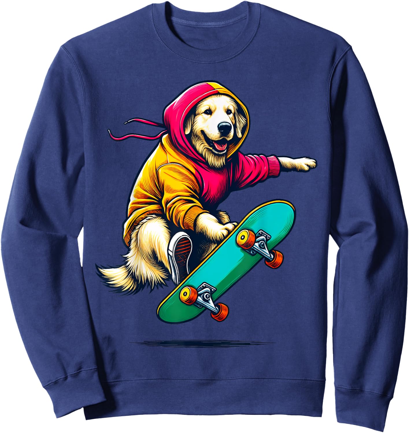Cool Golden Retriever Dog Skateboarding Illustration Art Sweatshirt - Sweatshirt | Navy