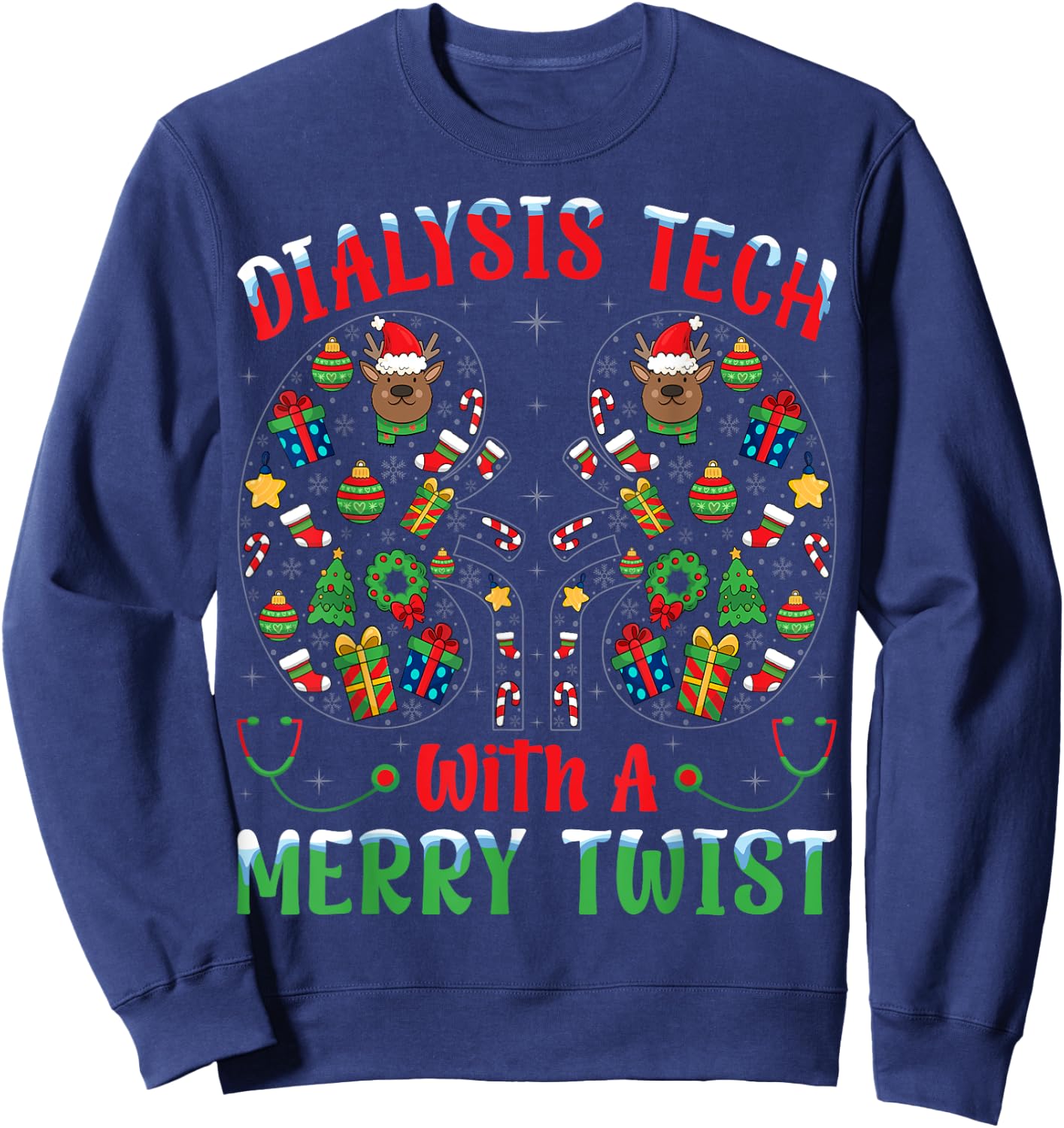 Dialysis Tech With A Merry Twist - Nephrology Tech Christmas Sweatshirt - Sweatshirt | Navy