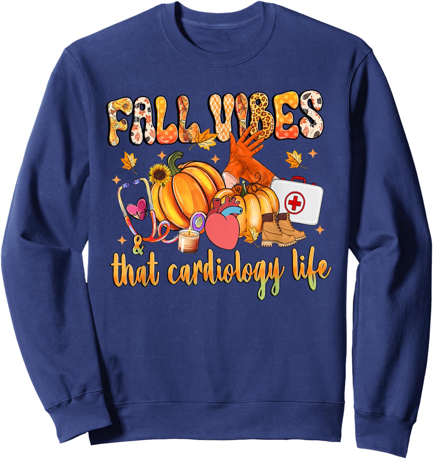 Fall Vibes & That Cardiology Life Pumpkin Leopard Gifts Sweatshirt - Sweatshirt | Navy