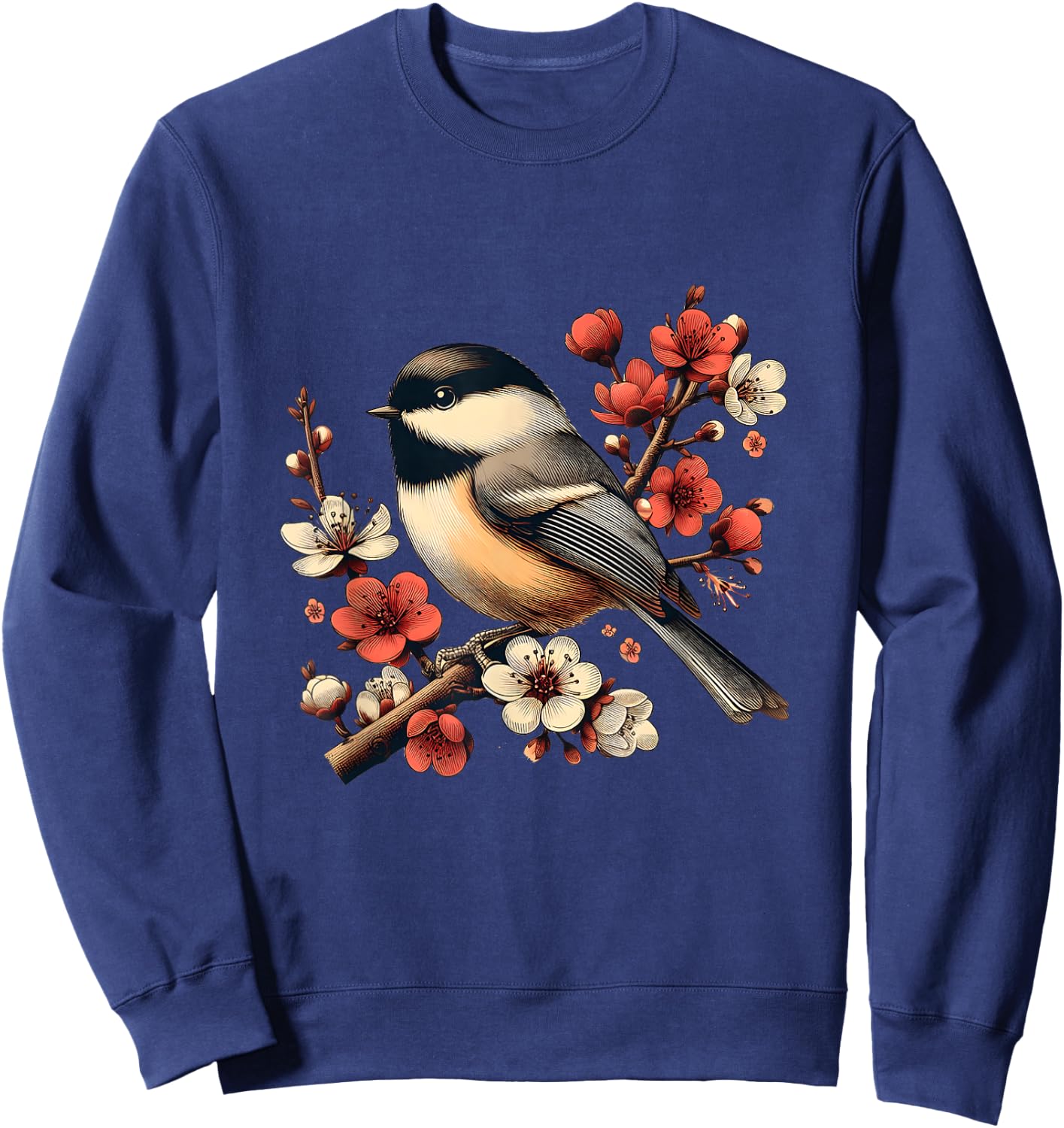 Bird Watching Nature Animal Vintage Blossom Chickadee Sweatshirt - Sweatshirt | Navy