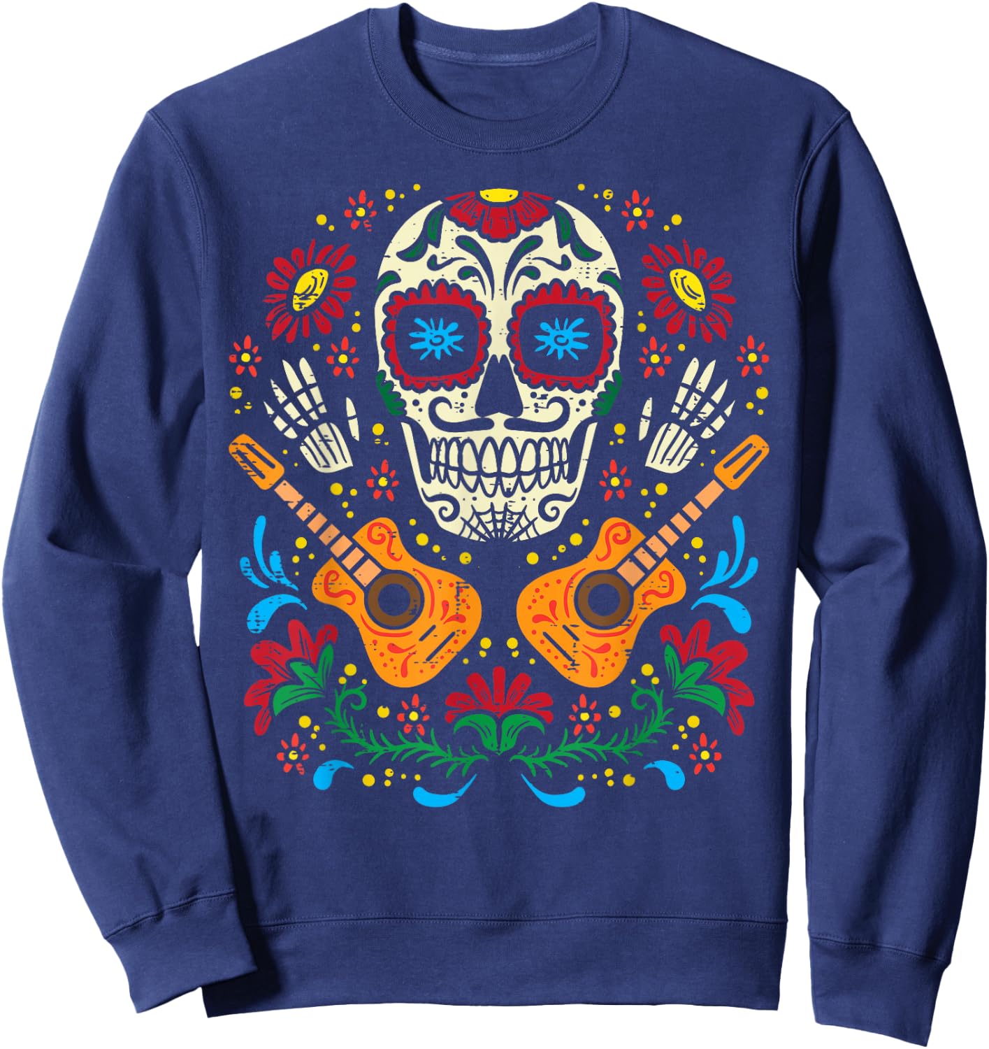 Sugar Skull Flowers Guitar Dia De Muertos Mexican Halloween Sweatshirt - Sweatshirt | Navy